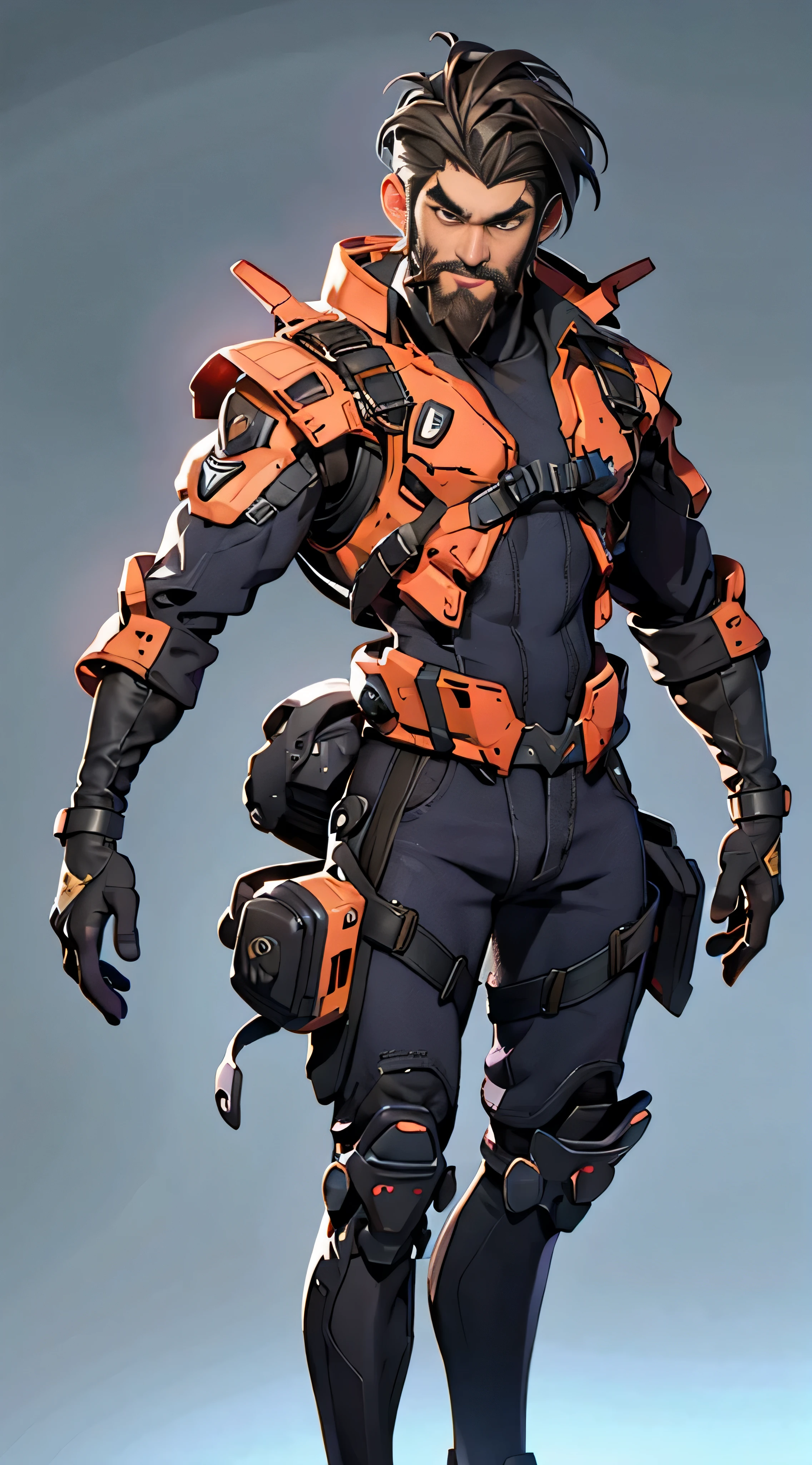 11:23(((Best quality: 1.4))),(Unbeatable masterpiece), (hyper HD),(Hyper-realistic 8k CG)、（limbs to thighs）（Accurate structure）（dark colored hair）（Shoulders and arms equipped with technical equipment))), (((1 uncle，Grow a beard))),40-year-old American soldier has perfect figure,,delicated face,heavy muscular figure:1.2,Solid royal gray jacket with details, (Pictures from head to thighs)， Complex equipment, Dark purple coat，long trousers，The clothes inside are dark，Clothes with metal technical parts,Tech Armor )