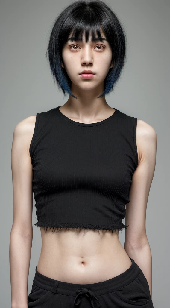 arafed woman with black hair and a short sleeved blue tshirt with pinstriped pants, this person does not exist, with no facial features, she has black hair with bangs, androgynous face, tomboy, androgynous person, south east asian with round face, lesbian, frumpy, rough facial features, plain features, rectangular body shape, flat chested, skinny, messy short black hair, seok jin-seo kang joon-kyra zagorsky-kevin jonas merged, entire body visible, full body, hyperrealistic, real human skin, best quality, 8K, masterpiece, medium closeup, extremely intricate, detailed eyes, detailed face, detailed body, exaggerated features, pronounced features, fujifilm