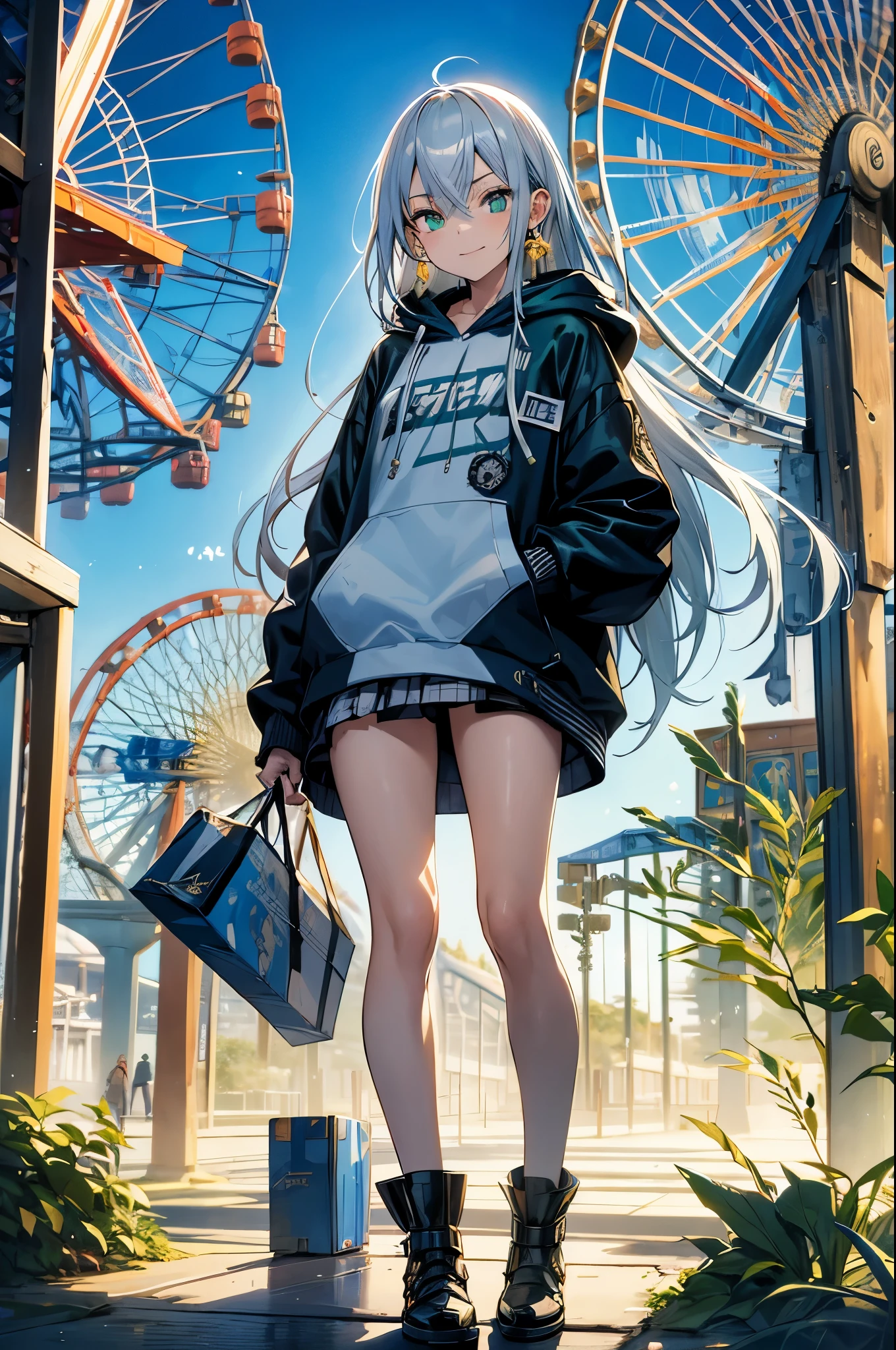 style of Tsutomu Nihei, (incredibly absurdres), masterpiece, best quality, highres, 1girl, greek, evil smile, long tangled silver hair, green eyes, gold earrings, blue hoodie with logos, standing, confident gaze, holding a card, background amusement park, ferris wheel,