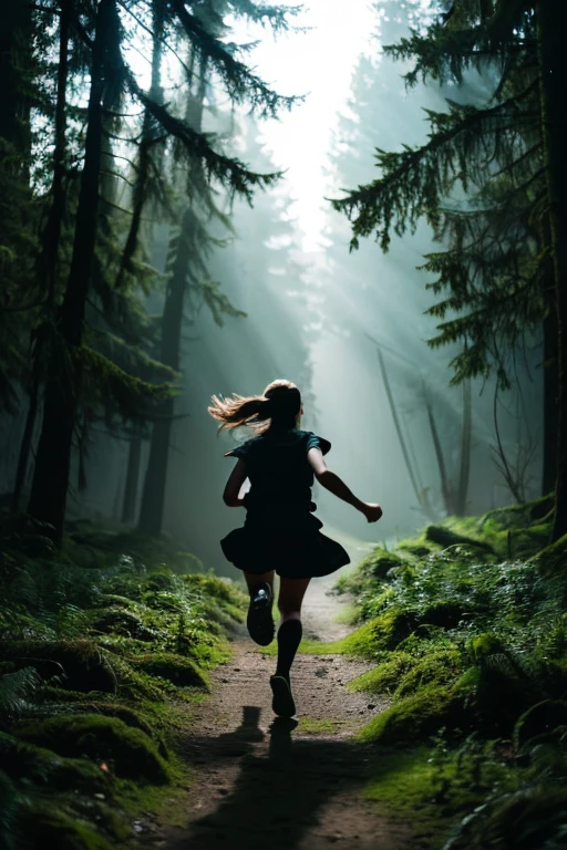 Rear view of a girl running through a dark forest