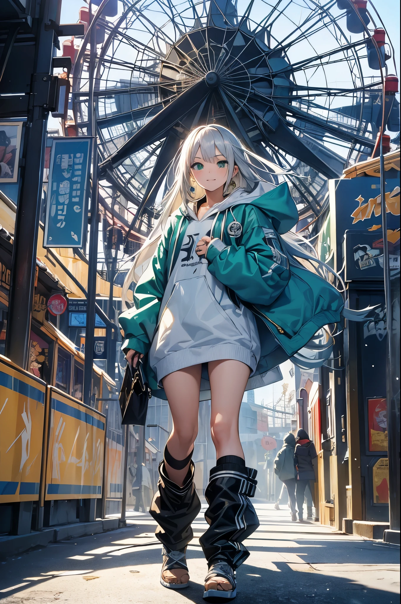 style of Tsutomu Nihei, (incredibly absurdres), masterpiece, best quality, highres, 1girl, greek, evil smile, long tangled silver hair, green eyes, gold earrings, blue hoodie with logos, standing, confident gaze, holding a card, background amusement park, ferris wheel,