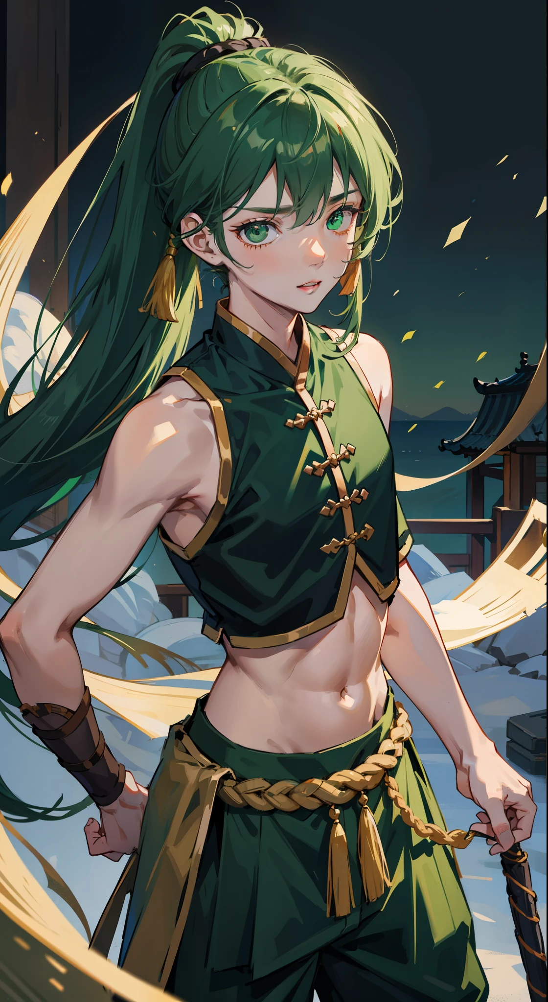 young boy, long dark green hair, high ponytail, Green eyes, Battle with Hanfu, Sleeveless, open belly, pants, Masterpiece, hiquality