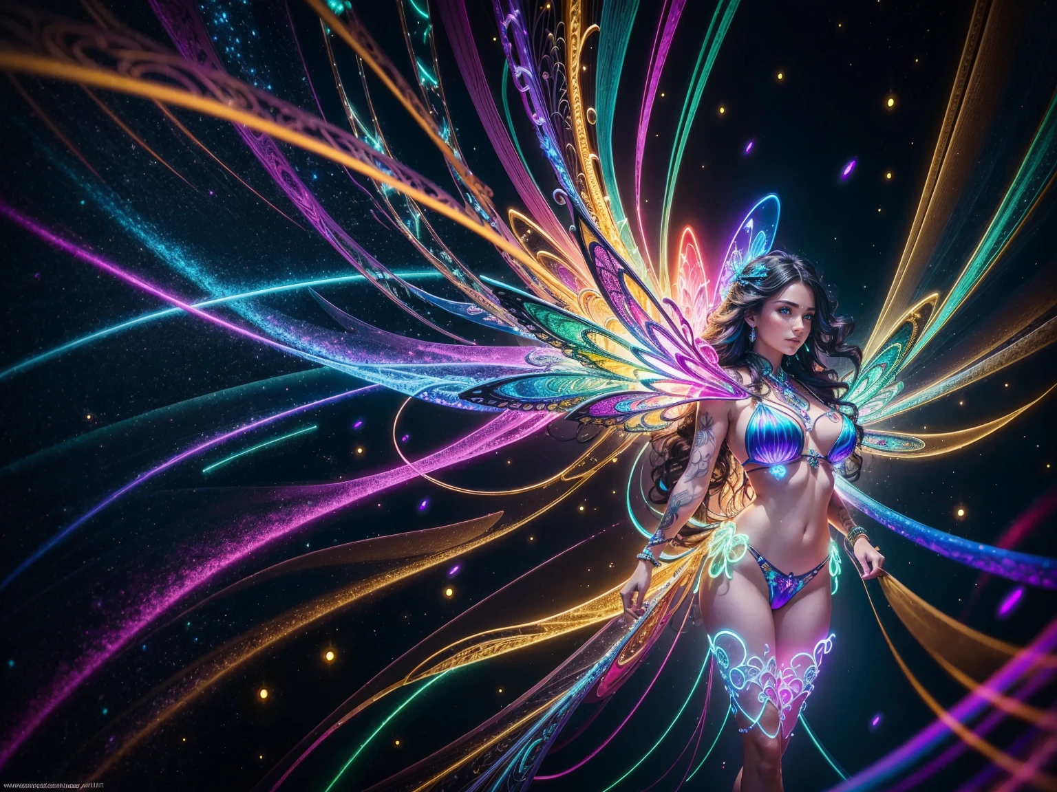 (Full body shot), an extremely detailed photorealistic photograph of a very beautiful Caucasian Woman With Dark Hair A String Bikini 👙 And Rainbow Glass Wings, Gorgeous Ethereal Rainbow Glowing Energy Of Absolution And Fantastical Force Floating In Her Hands, Channeling Through Her All Around Her Physically Manifesting Colorful Light. Magnificent Masterpiece, Electric, Limitless, Vivid Lighting, Vibrant Bioluminescent Colors Of Love And Light, Floating Particles Of Every Size, Whimsical, Hyper-Imaginative Cybernetic Energies. UHD 8K, DOF, Hyperrealism, Best Quality, Intricately Detailed, visually rich, emotionally confident, detailed environment, fantastical, imaginative, atmospheric, vibrant lighting, uhd, high resolution, 8k, photorealistic, intricate masterpiece, best quality, best detail, Fujifilm XT4