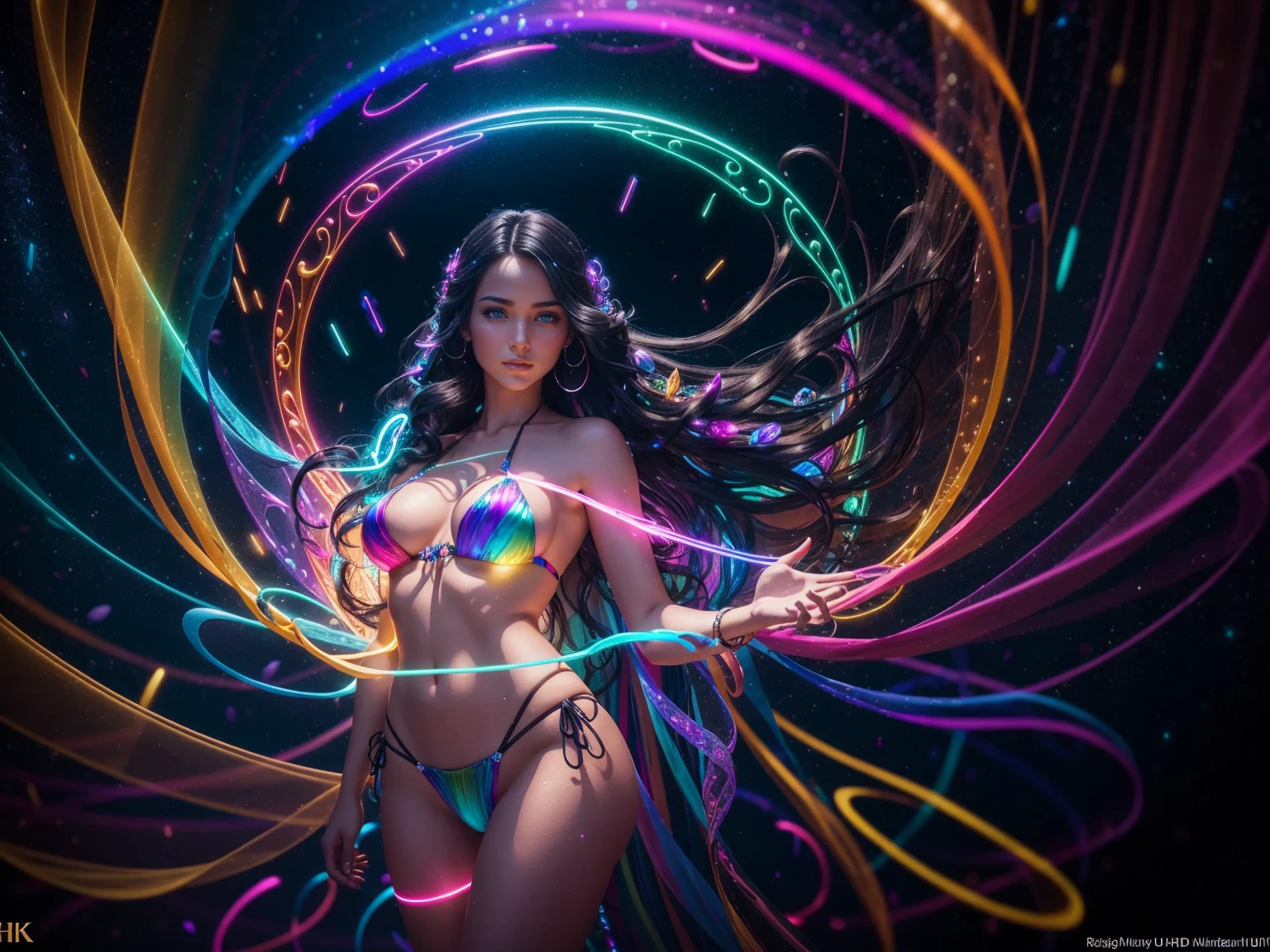 (Full body shot), an extremely detailed photorealistic photograph of a very beautiful Caucasian Woman With Dark Hair A String Bikini 👙 And Rainbow Glass Wings, Gorgeous Ethereal Rainbow Glowing Energy Of Absolution And Fantastical Force Floating In Her Hands, Channeling Through Her All Around Her Physically Manifesting Colorful Light. Magnificent Masterpiece, Electric, Limitless, Vivid Lighting, Vibrant Bioluminescent Colors Of Love And Light, Floating Particles Of Every Size, Whimsical, Hyper-Imaginative Cybernetic Energies. UHD 8K, DOF, Hyperrealism, Best Quality, Intricately Detailed, visually rich, emotionally confident, detailed environment, fantastical, imaginative, atmospheric, vibrant lighting, uhd, high resolution, 8k, photorealistic, intricate masterpiece, best quality, best detail, Fujifilm XT4