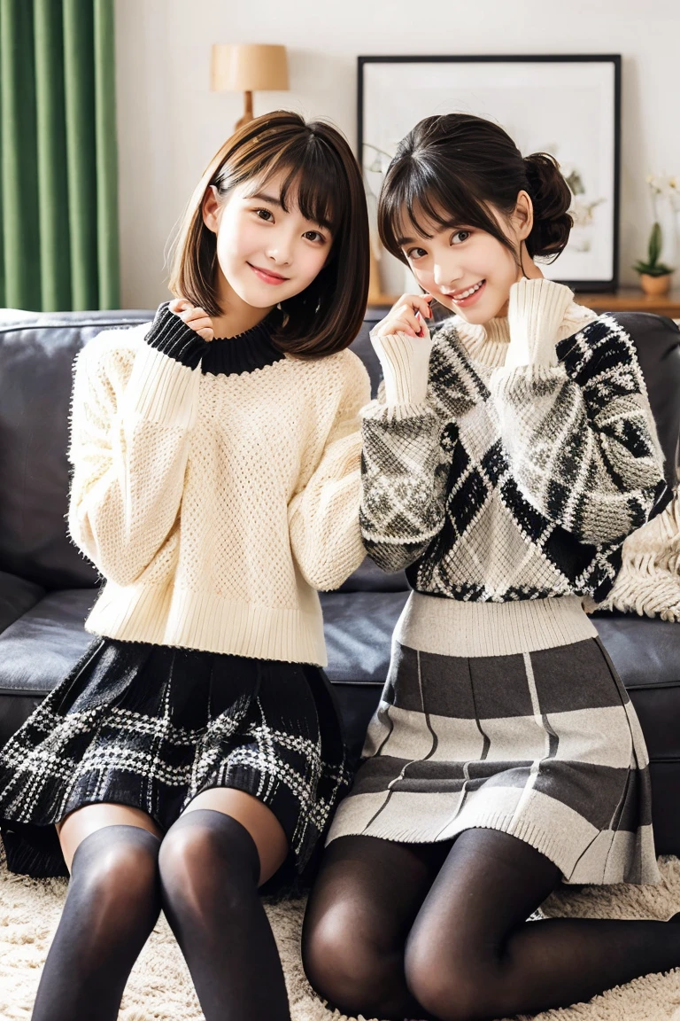 Two beautiful girls wearing argyle sweaters、Wool skirt、years、A dark-haired、Short Bob、Long straight hair、Bun hair、livingroom、Happy look、wool tights、