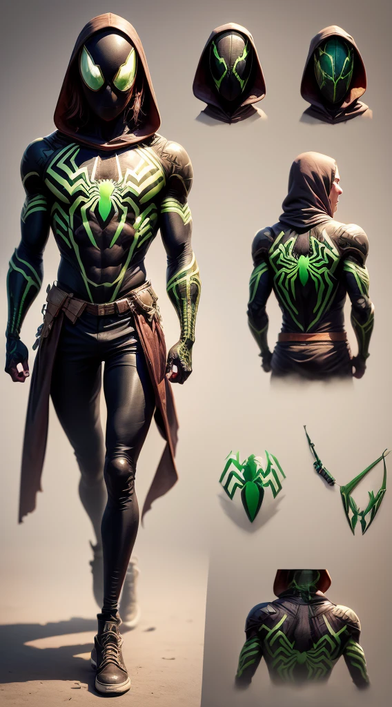 Man, Adult, Full body, Slim body, with spider style, with spider style armor, the armor is white, the armor has green details, the details are lines, the lines cross close, with closed helmet , that the helmet has a spider style, that the helmet has a spider jaw, with an attached visor, that the visor is yellow, that the design of the armor is adventurous, that it has spider limbs, that the limbs come out of its back , that the forearms of the armor are black, with black leather shoulder pads, that the armor has a spider web on the breastplate, that the spider web is emerald green, that the spider web is shiny, that it is standing, body comoleto, that has a closed fist, that points the fist in a sign of victory, (With good quality), (8K), (Masterpiece), with a good level of detail, with epic focus, that maintains a slim figure, that is posing, let the pose be standing.