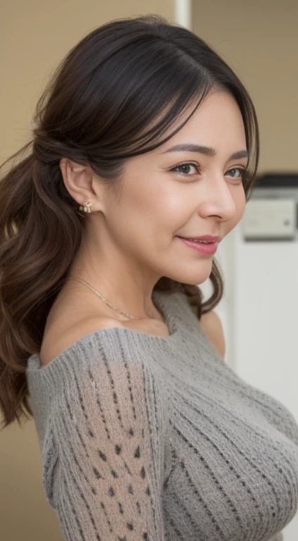 Best Quality, hight resolution, Hires, Skin definition, Detailed skin, Detailed eyes, Detailed face, 4K, 日本人A MILF, ((独奏)), (((50 years old))), (Wrinkles at the corners of the eyes:1.5), (nasolabial folds:1.5), A MILF, glamor, A sexy, Chromo-white skin, ((Wavy Longhair)), Looking at Viewer,(((Aging skin:1.5))), ((loose muscles:1.5)), (((A slender))), (((Very large breasts:1.28))), ((Saggy udder)), (Saggy buttocks), ((Japanese Models)), 4K, (photoRealistic:1.5), Realistic, nffsw, Beautiful, Bimbo, Perfect makeup, small diamond necklace, piercings, ((off-the-shoulder sweater, Gingham plaid tight skirt, long boots)), ssmile, Public places,