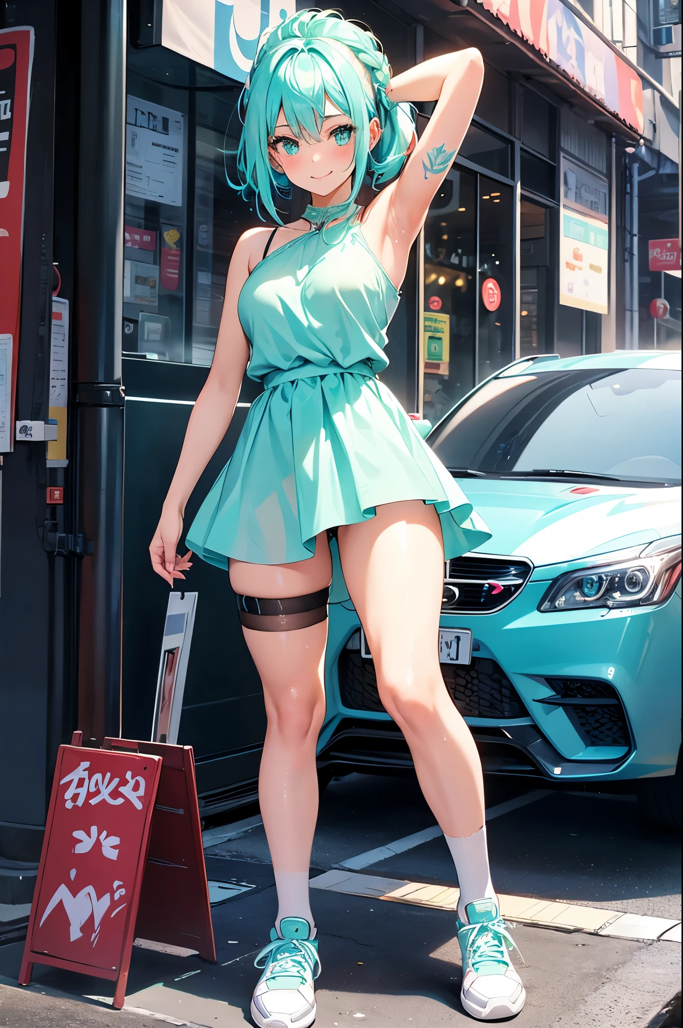 1girl, arm tattoo, armpits,blush, breasts, car, dress looking at viewer, thigh highs socks, panties,cyan dress, shoes, cyberpunk hair, shoulder tattoo, small breasts, smile, sneakers, solo, spread legs,wet, tattoo, underwear, panties