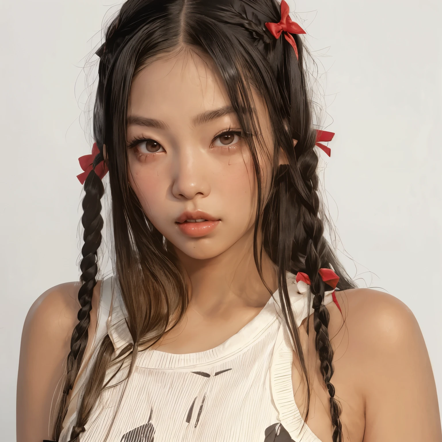 a close-up of a woman with long hair and red bows in her hair, penteado twintails, pigtails hairstyle, with black pigtails, jennie blackpink, two pigtails hairstyle, pigtails hair, Chiho, pigtails, long pigtail, Yoshitomo Nara, pigtail, aoi ogata |