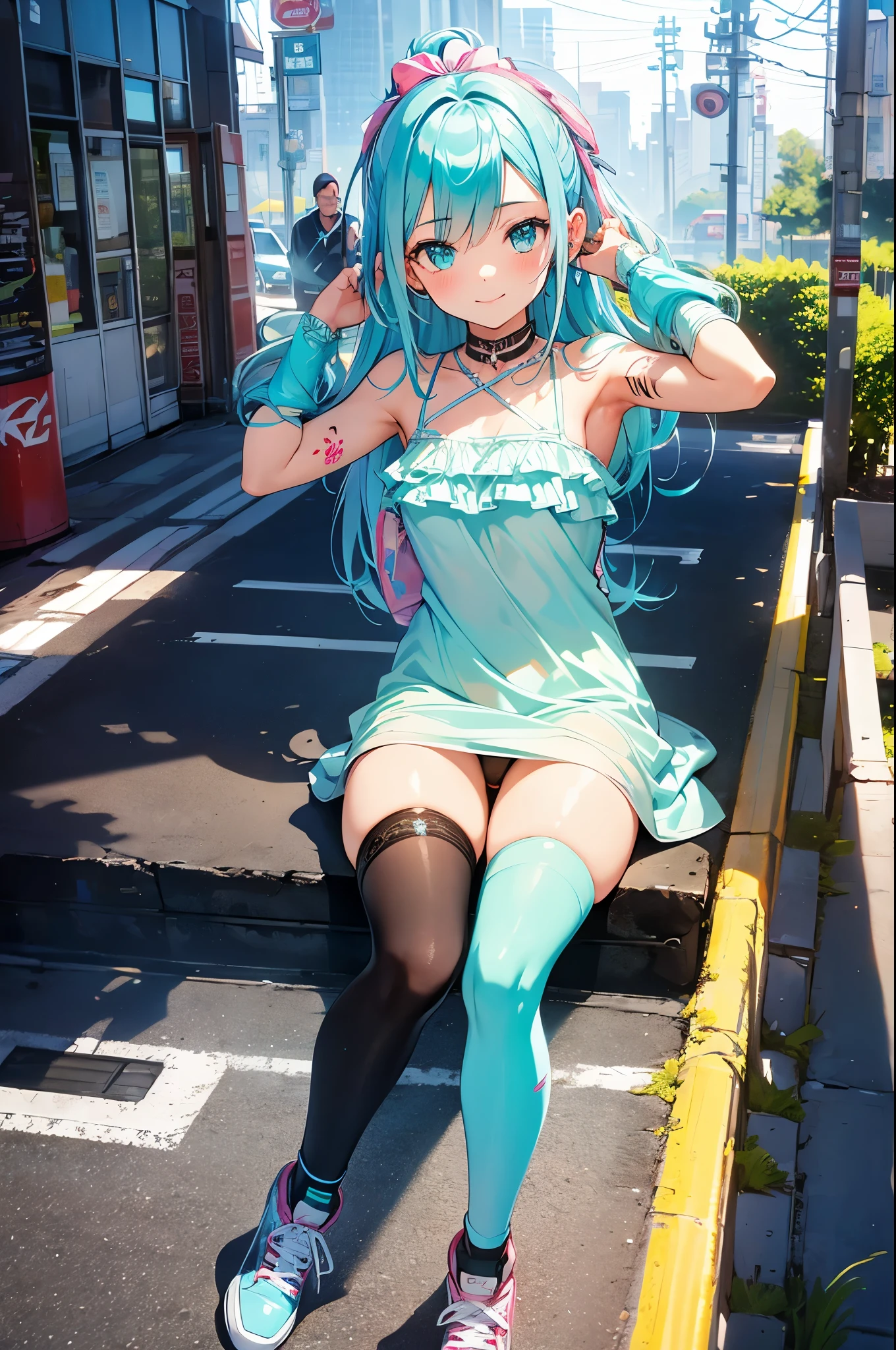 1girl, arm tattoo, armpits,blush, breasts, car, dress looking at viewer, thigh highs socks, panties,cyan dress, shoes, cyberpunk hair, shoulder tattoo, small breasts, smile, sneakers, solo, spread legs,wet, tattoo, underwear, panties
