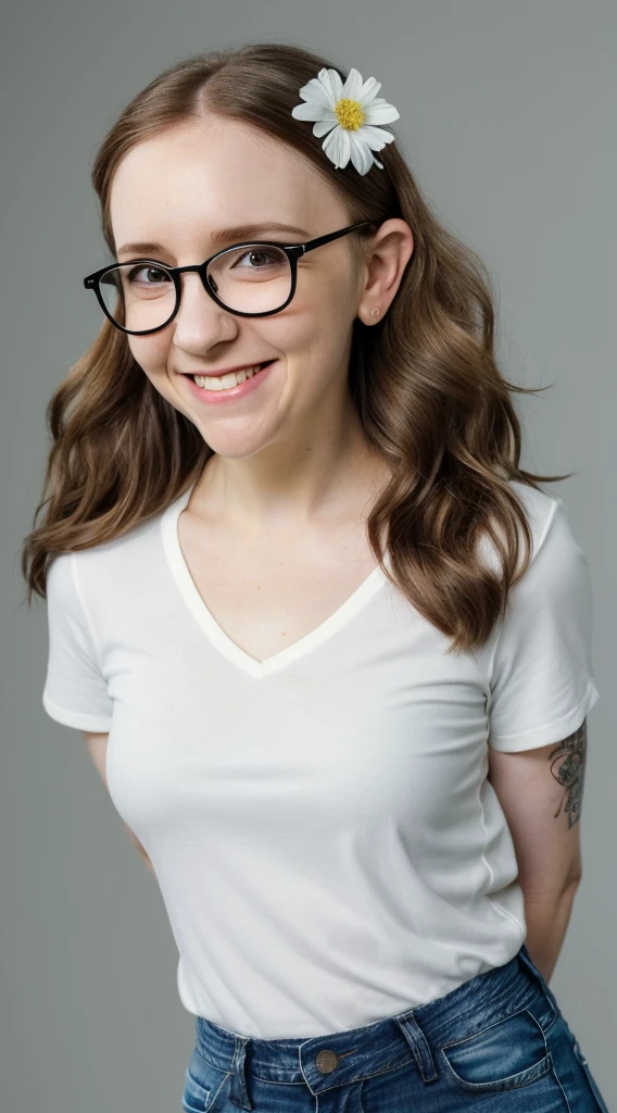 smiling woman with glasses and a black shirt and jeans with a white flower in her hair, short petite body, this person does not exist, cute slightly nerdy smile, lena dunham-sarah drew-maci bookout merged, entire body visible, full body, hyperrealistic, real human skin, best quality, 8K, masterpiece, extremely intricate, medium closeup, detailed eyes, detailed face, detailed body, exaggerated features, pronounced features, fujifilm