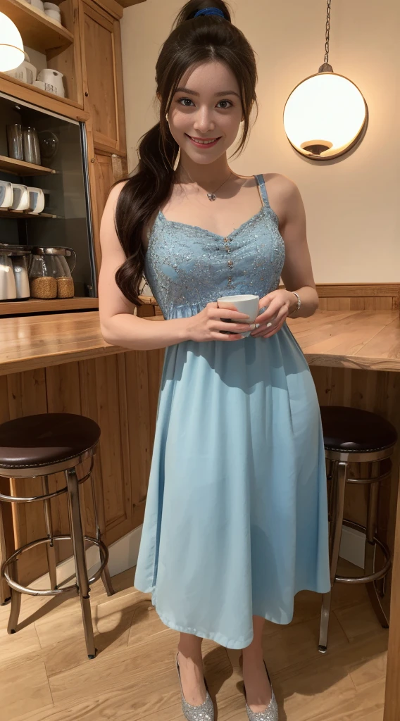 ((best quality)), ((highly detailed)), masterpiece, absurdres, (detailed eyes, deep eyes), (1girl), from_below, foreshortening, looking at viewer, looking down, full body, weiss_schnee, long hair, side ponytail, ponytail, blue eyes, smiling, jewelry, dress, (in a cafe, coffee, dawn, sunrise)