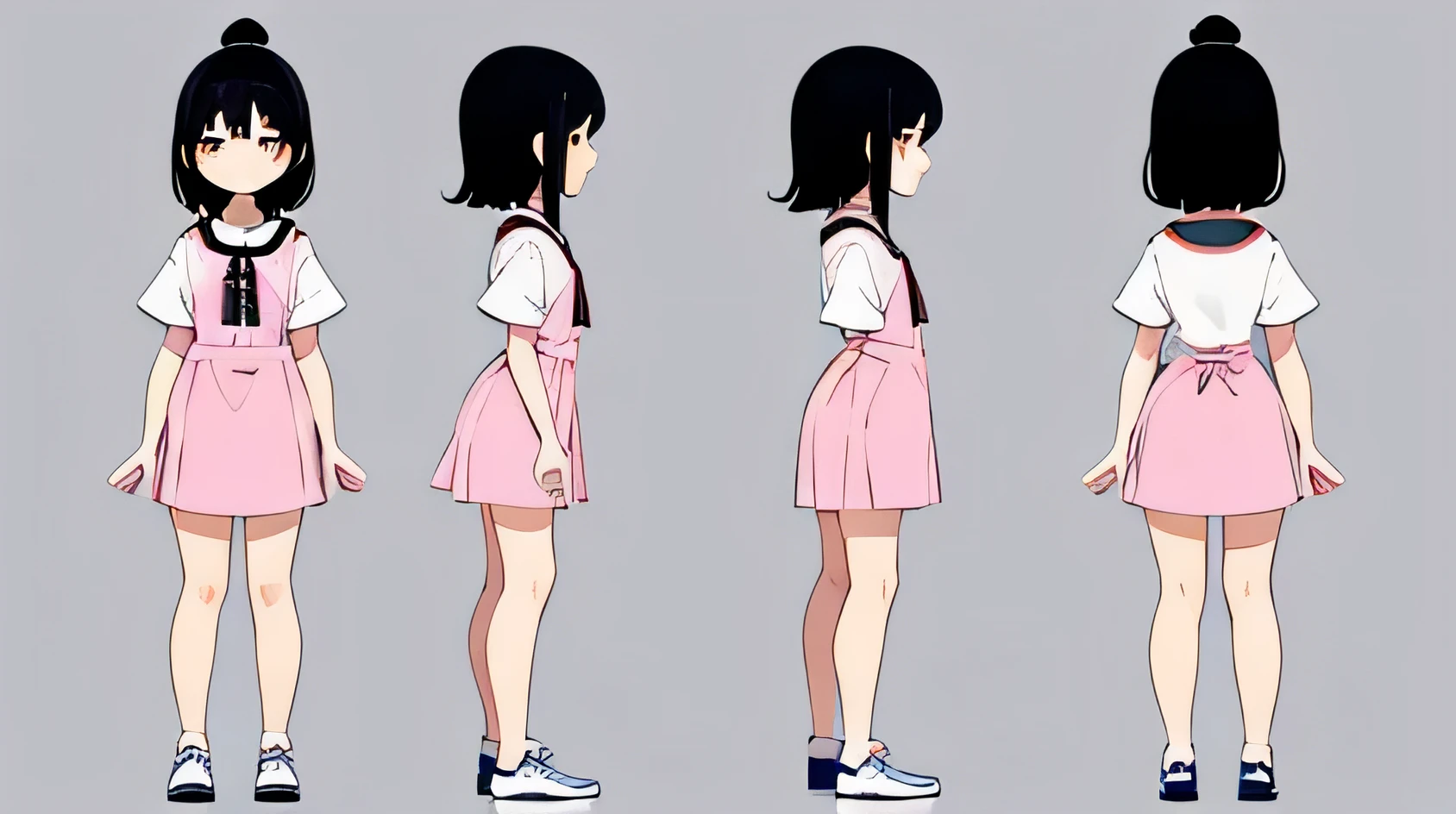 a two-dimensional style, Little cute girl, full bodyesbian, standing on your feet, with short black hair, Front view, Left view, posterior view