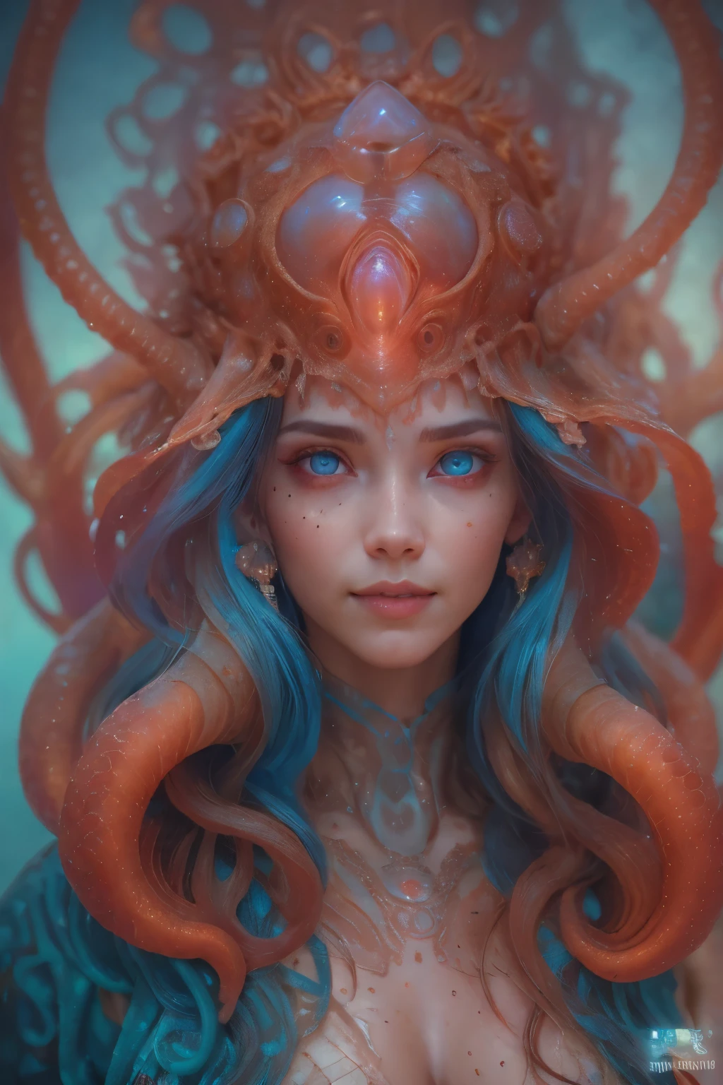 Portrait, (beautiful female alien:1.2), (There is a female genital-like organ in the middle of the forehead.:1.8), (The most beautiful face in the history of the universe:1.2), (Scarlet eyes that shine mysteriously:1.6), (Translucent skin:1.8), an evil gaze that seduces, (red eyes:1.5), (large mouth:1.1), sharp teeth like a shark, Full body like, (bio luminescent:1.2), (Smile wickedly:1.3), (sexypose:1.5), alien, No humans, cells are fused, (Lots of translucent tentacles:1.1) (Translucent skin:1.3), extraterrestrial, cell, bio image, Best Quality, 8K,4K_quality, High Definition, Dramatic Lighting, masutepiece:1.5,cinematic quality, detail up, (Intricate details:1.2), High resolution, High Definition, drawing faithfully, (Thick eyebrows:1.2), Beautiful eyes with fine symmetry, (Ultra detailed eyes:1.2),(Highly detailed face and eyes:1.2), (High-resolution red-eye:1.4), Intimate face, (Super detailed skin quality feeling:1.4), Perfect Anatomy, (Beautiful toned body:1.5), (Moist skin:1.2), No makeup, (dark circles:1.1), long canines, cinematic drawing of characters, ultra high quality model, cinematic quality, detail up, (Intricate details:1.2), High resolution, High Definition, drawing faithfully, Official art, Unity 8K wall , 8K Portrait, Best Quality, Very High resolution, ultra detailed artistic photography, midnight aura, unreal enginee 5, Ultra Sharp Focus, art by alberto seveso, ArtGerm, Roisch, intricate artwork, best quality, masutepiece, ultra High resolution, (photos realistic:1.4), Ultra-realistic realism, dream-like, nautilus, Creation of fantasy, Snail, Dream Snail, biopunk nautilus, Thrilling color schemes, Ultra-realistic realism, seductively smiling, Blue tentacles