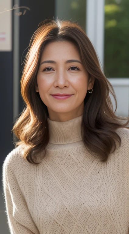 Best Quality, hight resolution, Hires, Skin definition, Detailed skin, Detailed eyes, Detailed face, 4K, 日本人A MILF, ((独奏)), (((50 years old))), (Wrinkles at the corners of the eyes:1.6), (nasolabial folds:1.3), A MILF, glamor, A sexy, Chromo-white skin, ((Wavy Longhair)), Looking at Viewer,(((my skin is old))), ((muscles are old)), (((A slender))), ((Saggy udder)), (Saggy buttocks), ((Japanese Models)), 4K, (photoRealistic:1.5), Realistic, nffsw, Beautiful, Bimbo, Perfect makeup, small diamond necklace, piercings, ((Brown coat, White turtleneck sweater, Argyle pattern pleated skirt, Black long boots )), ssmile, Public places,