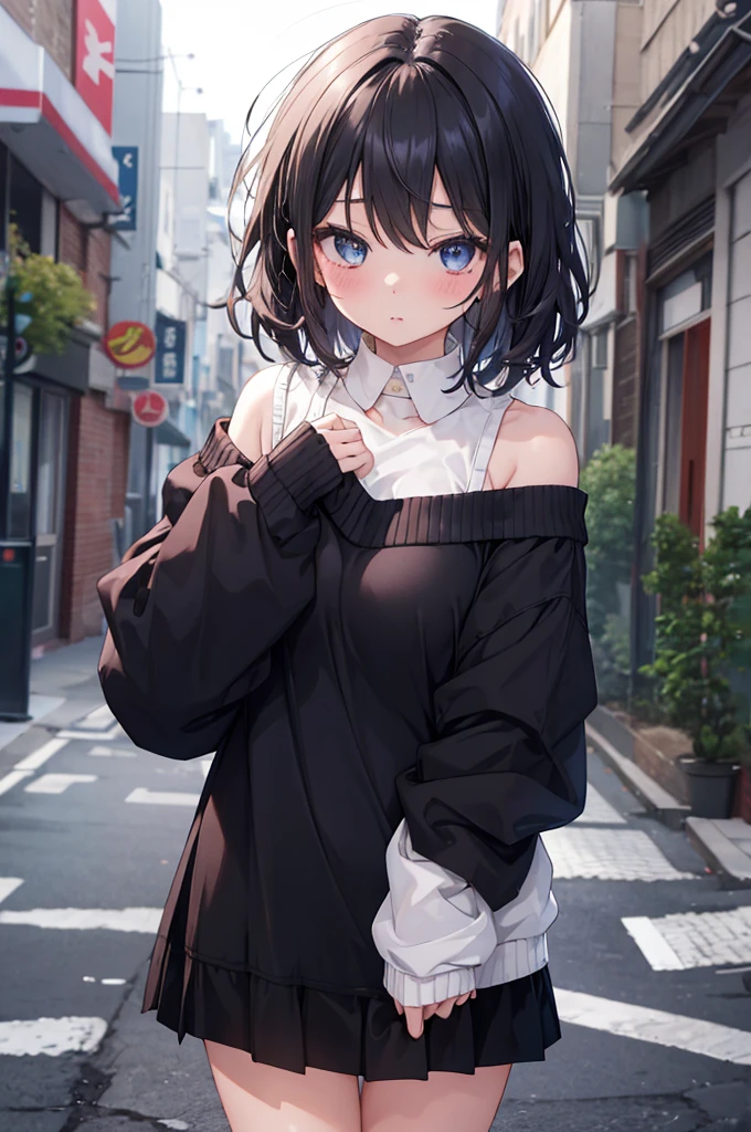 (masterpiece, top quality, very aesthetic, 4k、8ｋ、illustration), intricate detail, 1girl,Standing 、(upper body)、clear face、()、
Cute 、black hair、,middle hair,sidelock ,,blue eye、Casual clothes、small breasts、Slim 、