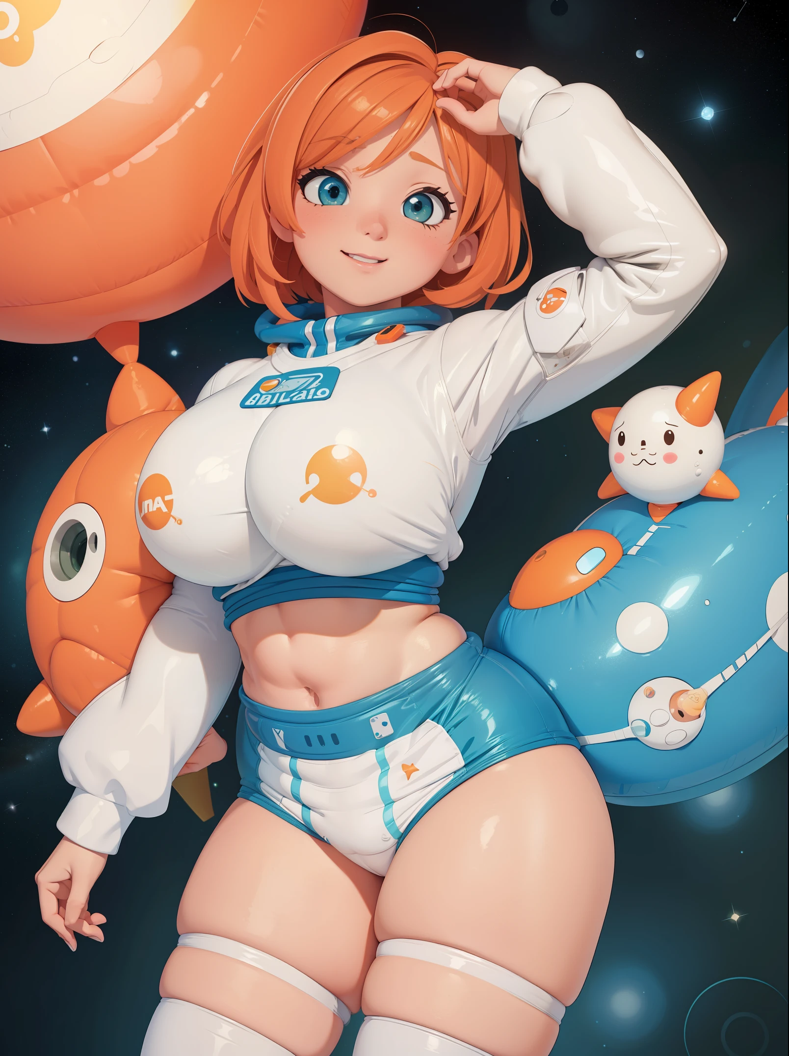 gorgeus voluptuous space scify astronaut girl with a bubble glass helmet in the head, wearing a big diaper, diapered, white and orange, deep green almond-shaped eyes, short blond hair, very small and tight micro bikini, perfect huge breasts, voluptuous wide hips, muscular thighs, muscular arms, sexy voluptuous belly, massive huge cameltoe, space, spaceship, UHD, retina, masterpiece, anatomically correct, textured skin, high details, award winning, best quality, 8k, ((enveloped by inflatables)), (blush), (comfy), (happy), (secure)