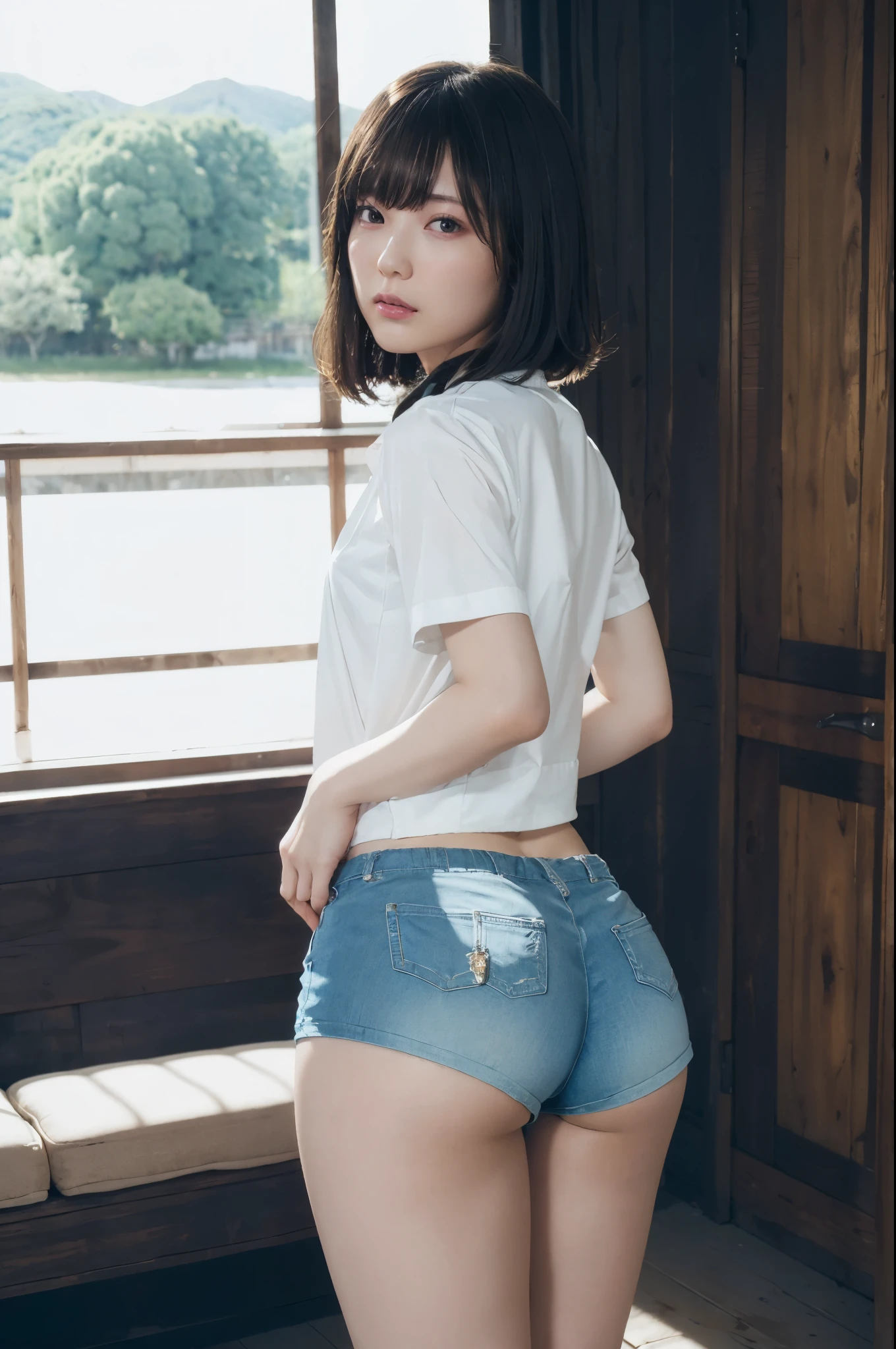 (masterpiece, best quality:1.2), cowboy shot, solo, 1girl, tatsumaki, lustful, closed mouth, looking at the viewer, ass, wide hips, shirt, short shorts, thong, squats, legs spread, blue sky, erotica,