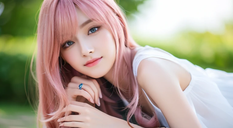 (RAW photo, best quality),(realistic, photo-realistic:1.3), masterpiece, an extremely delicate and beautiful, extremely detailed, CG, unity , 2k wallpaper, Amazing, finely detail, light smile, extremely detailed CG unity 8k wallpaper, huge filesize, ultra-detailed, highres, absurdres, soft light, long hair, short bang, pink hair, floating hair novafrogstyle, beautiful detailed girl, detailed fingers, extremely detailed eyes and face, beautiful detailed nose, beautiful detailed eyes, long eyelashes, light on face, looking at viewer, closed mouth, 1girl, cute, young, mature face, full body, small breasts, realistic face, realistic body, beautiful detailed thigh, ulzzang-6500-v1.1, lora:koreanDollLikeness_v15, costume: sleeveless shirt, aqua eyes