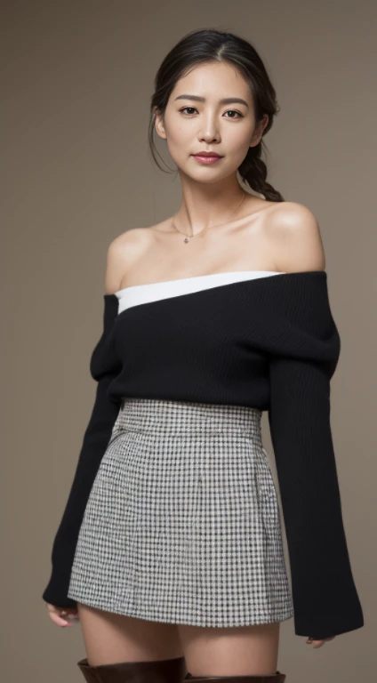 Piercing eyes, (Ridiculously huge bust size:1.2), looking straight, 20 years old, beautiful black woman, Detailed face, Short Salon Hair, wearing an off-the-shoulder sweater, Choker, Long skirt, (((Skirt lift:1.5))), Panties close up erotic photo session,Sitting in an outdoor café in 2015, Afternoon light, NSFW