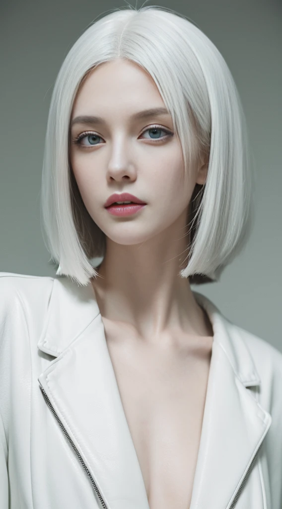 (best quality,portrait:1.2),pale skin,long black-rooted white hair,elongated bob hairstyle,green eyes,pale thin lips,white t-shirt,black leather jacket,eyeliner,portrait, full body