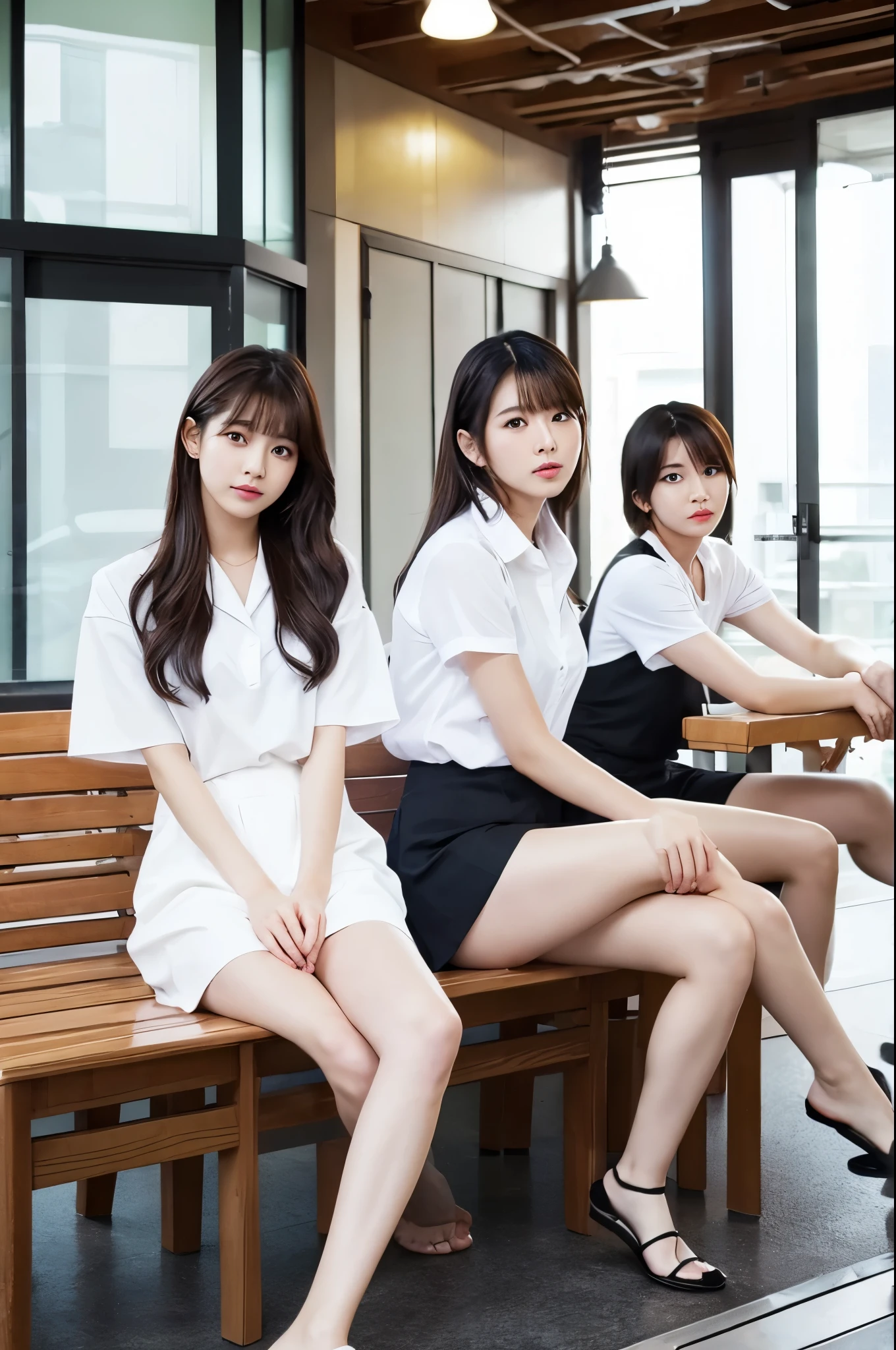 Dressed in a white shirt4woman sitting cross-legged on a bench, Photos by Japanese idols, Tumbler, Realism, wearing white outfit, ulzzangs, photo shot, official fan art, black pink, promo shot, art promotional, wearing white cloths, Sitting on the bed, a-1 pictures, perfect android girl family, Black miniskirt、sexy white shirt、a black skirt、Girls Bar