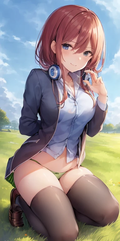 2d, masterpiece, best quality, anime, highly detailed, 1girl, solo, cowboy shot, nakano miku, brown hair, hair between eyes, blue cardigan, headphones, pantyhose, collared shirt, green skirt, miniskirt, medium breasts, ((kneeling on grass:1.5)), ((loafers:1.5)), ((low angle:1.5)), ((show panties:1.5)), school, outdoors, smile, ((sky from bellow:1.5)), ((full shot:1.5))