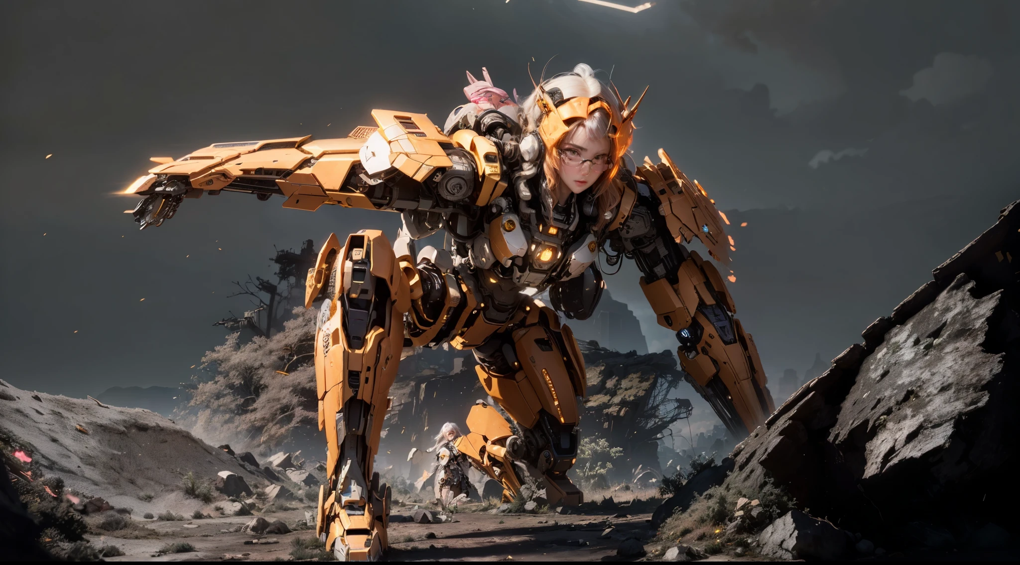 ((Best Quality)), ((Masterpiece)), (Very Detailed:1.3), 3D, Shitu-mecha, Beautiful cyberpunk woman with her pink mech in the ruins of a city in the forgotten war, Ancient technology, HDR (High Dynamic Range), ray tracing, NVIDIA RTX, super resolution, unreal 5, subsurface scattering, PBR texture, post-processing, anisotropic filtering, depth of field, maximum sharpness and sharpness, multi-layer texture, albedo and highlight maps, surface shading, Accurate simulation of light-material interactions, perfect proportions, octane rendering, duotone lighting, low ISO, white balance, rule of thirds, wide aperture, 8K RAW, efficient sub-pixels, subpixel convolution, luminescent particles, light scattering, Tyndall effect, wear a black glasses, long white hair, orange pupils