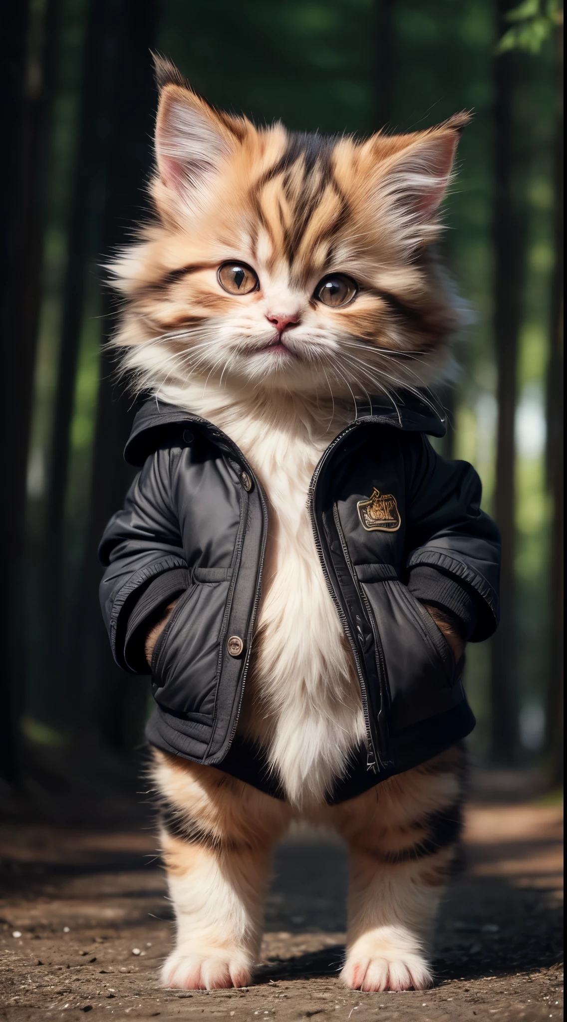 (8K, Raw photography, Best Quality, masterpiece: 1.2), high-definition RAW color photography, Professional Photography, Realistic coat,Hachire,Norwegian Forest cat, an adorable kitten,White fur from the mouth down,Red hair from the nose up and black striped pattern,Sharp face,(Stand on two legs:1.3),Duan