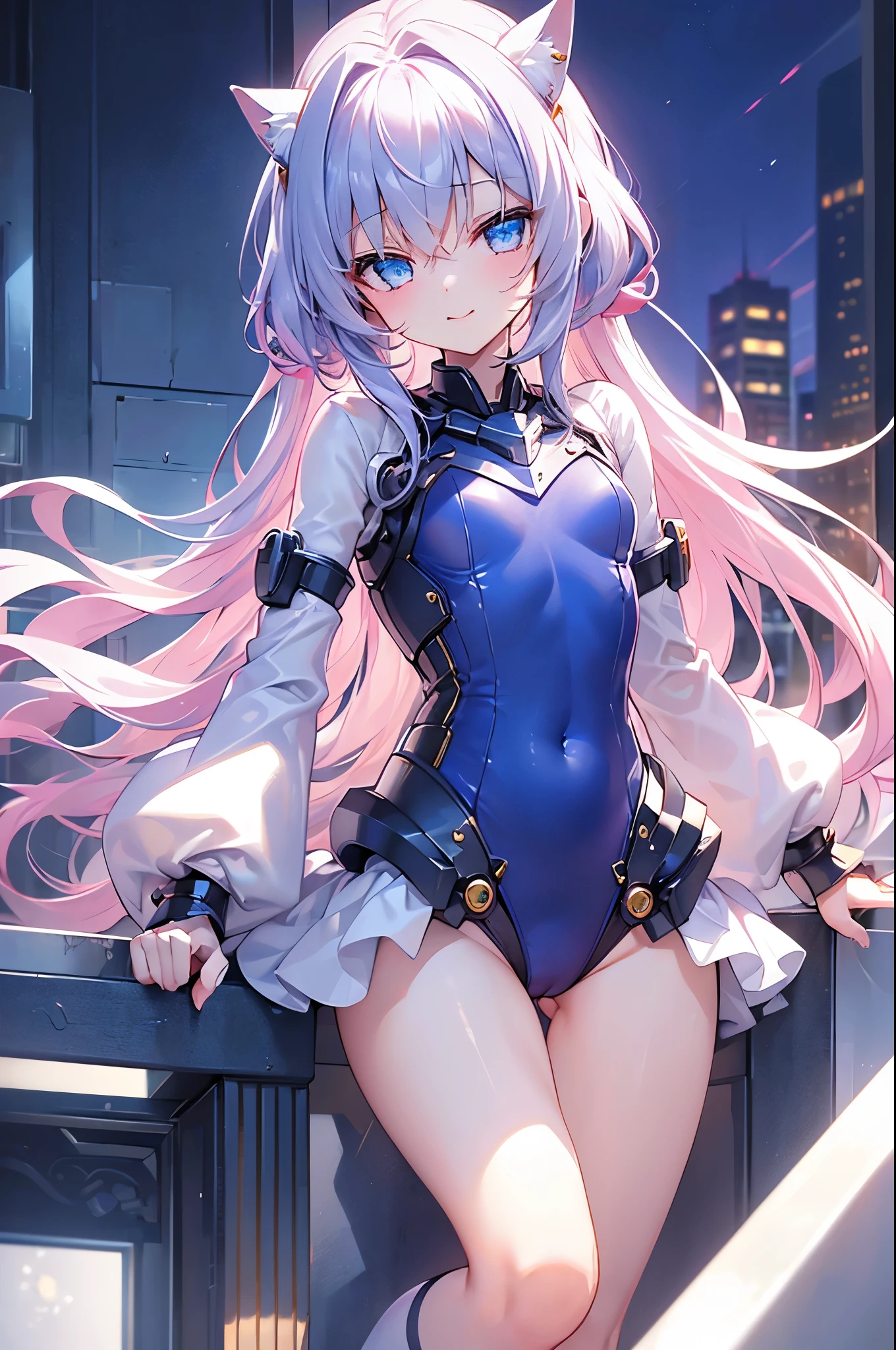 ((4k、8k、top-quality、Perfect Finger:1.3、Perfect Anatomy:1.3、Blur the background))、(robot ears:1.3)、cute petit girl、((Idol style leotard、sixteen years old、a beautiful slender girl、a baby face、straight long hair))、(cute big droopy eyes、closed eyes smile、Fulll body Shot、soio)、knee high socks、blue-sky、Room by the window with bright sunlight、