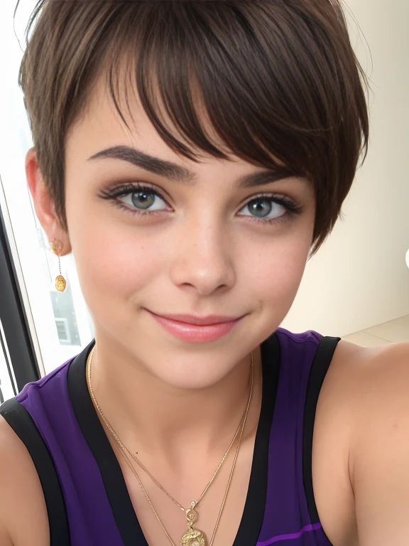 Photo of a 15-year-old European girl, RAW, beautiful woman, pecas en mejillas y nariz ,hermosos ojos azules(Light brown hair pixie haircut),corte de cabello pixie ((retrato)), ((Cara detallada:1.2)), ((Detailed facial features)), (Piel finamente detallada) ,lindo maquillaje, Purple eyeshadows on eyelids (cool color), (Masutepiece) (proporciones perfectaotos realistas)(La mejor calidad), NffSW, (8k) (papel tapiz) (cinematic lighting) (Dramatic lighting) (foco nítido) (Enrevesado) , fondo variado , linda sonrisa, cuerpo completo, hermoso cuerpo , gargantilla negra , aretes en forma de clip, wears a purple t-shirt with a skull image, white belt, Lilac skirt with checkered images, Long boots with heels , foto de cuerpo completo , hermosa sonrisa
