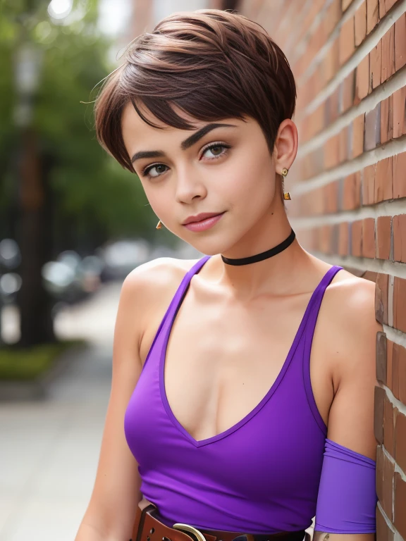 Photo of a -yeld Euean girl, RAW, beautiful woman, pecas en mejillas y nariz ,hermosos ojos azules(Light brown hair pixie haircut),corte de cabello pixie ((retrato)), ((Cara detallada:1.2)), ((Detailed facial features)), (Piel finamente detallada) ,lindo maquillaje, Purple eyeshadows on eyelids (cool color), (Masutepiece) (proporciones perfectaotos realistas)(La mejor calidad), NffSW, (8k) (papel tapiz) (cinematic lighting) (Dramatic lighting) (foco nítido) (Enrevesado) , fondo variado , linda sonrisa, cuerpo completo, hermoso cuerpo , gargantilla negra , aretes en forma de clip, wears a purple t-shirt with a skull image, white belt, Lilac skirt with checkered images, Long boots with heels , foto de cuerpo completo , hermosa sonrisa
