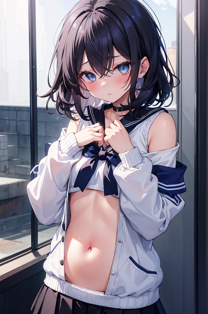 best quality, ultra precision, 1girl, cute, , young, boyish, childish, big breasts, black hair, messy hair, blue eyes, beautiful eyes, girl, ecstasy, sailor collar, estrus, metestrus, start to undress, naughty mood, she loves you, lost virgin, virgin, blush, sexy, beautiful skin, big bow on chest, BLUE SWEATER, WHITE SHIRT, SHIRT UNDER SWEATER, OFF SHOULDER TOP) TSUNDERE 18 YEARS Short black skirt Hands on chest Stomach visible