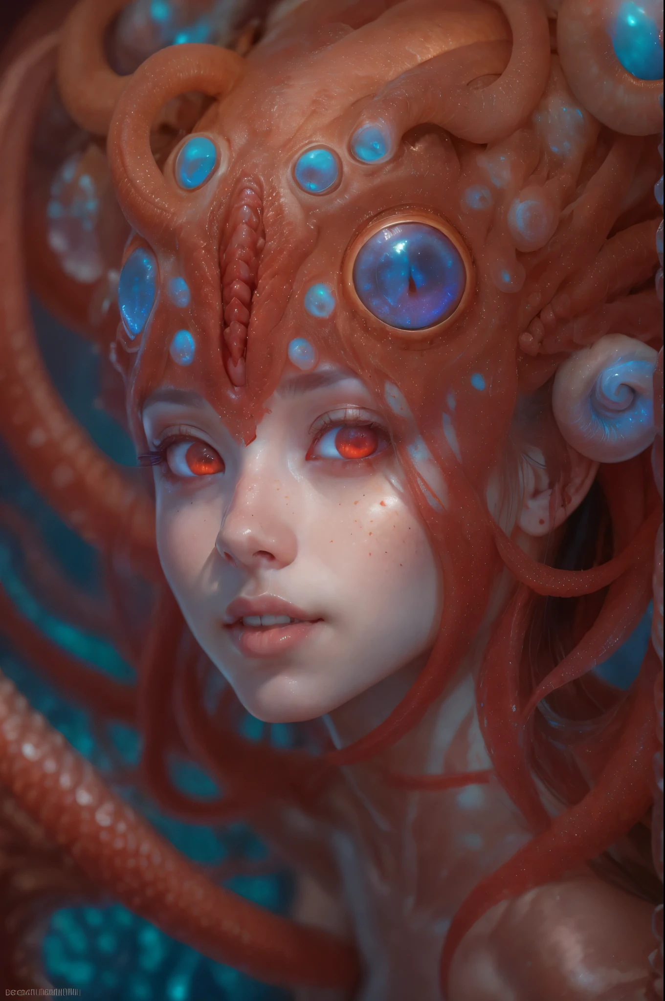 Portrait, (beautiful female alien:1.2), (There is a female genital-like organ in the middle of the forehead.:1.8), (The most beautiful face in the history of the universe:1.2), (Scarlet eyes that shine mysteriously:1.6), (Translucent skin:1.8), an evil gaze that seduces, (red eyes:1.5), (large mouth:1.1), sharp teeth like a shark, Full body like, (bio luminescent:1.2), (Smile wickedly:1.3), (sexypose:1.5), alien, No humans, cells are fused, (Lots of translucent tentacles:1.1) (Translucent skin:1.3), extraterrestrial, cell, bio image, Best Quality, 8K,4K_quality, High Definition, Dramatic Lighting, masutepiece:1.5,cinematic quality, detail up, (Intricate details:1.2), High resolution, High Definition, drawing faithfully, (Thick eyebrows:1.2), Beautiful eyes with fine symmetry, (Ultra detailed eyes:1.2),(Highly detailed face and eyes:1.2), (High-resolution red-eye:1.4), Intimate face, (Super detailed skin quality feeling:1.4), Perfect Anatomy, (Beautiful toned body:1.5), (Moist skin:1.2), No makeup, (dark circles:1.1), long canines, cinematic drawing of characters, ultra high quality model, cinematic quality, detail up, (Intricate details:1.2), High resolution, High Definition, drawing faithfully, Official art, Unity 8K wall , 8K Portrait, Best Quality, Very High resolution, ultra detailed artistic photography, midnight aura, unreal enginee 5, Ultra Sharp Focus, art by alberto seveso, ArtGerm, Roisch, intricate artwork, best quality, masutepiece, ultra High resolution, (photos realistic:1.4), Ultra-realistic realism, dream-like, nautilus, Creation of fantasy, Snail, Dream Snail, biopunk nautilus, Thrilling color schemes, Ultra-realistic realism, seductively smiling, Blue tentacles