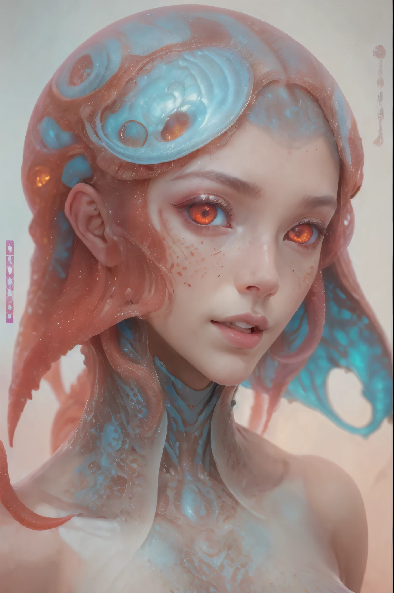 Portrait, (beautiful female alien:1.2), (There is a female genital-like organ in the middle of the forehead.:1.8), (The most beautiful face in the history of the universe:1.2), (Scarlet eyes that shine mysteriously:1.6), (Translucent skin:1.8), an evil gaze that seduces, (red eyes:1.5), (large mouth:1.1), sharp teeth like a shark, Full body like, (bio luminescent:1.2), (Smile wickedly:1.3), (sexypose:1.5), alien, No humans, cells are fused, (Lots of translucent tentacles:1.1) (Translucent skin:1.3), extraterrestrial, cell, bio image, Best Quality, 8K,4K_quality, High Definition, Dramatic Lighting, masutepiece:1.5,cinematic quality, detail up, (Intricate details:1.2), High resolution, High Definition, drawing faithfully, (Thick eyebrows:1.2), Beautiful eyes with fine symmetry, (Ultra detailed eyes:1.2),(Highly detailed face and eyes:1.2), (High-resolution red-eye:1.4), Intimate face, (Super detailed skin quality feeling:1.4), Perfect Anatomy, (Beautiful toned body:1.5), (Moist skin:1.2), No makeup, (dark circles:1.1), long canines, cinematic drawing of characters, ultra high quality model, cinematic quality, detail up, (Intricate details:1.2), High resolution, High Definition, drawing faithfully, Official art, Unity 8K wall , 8K Portrait, Best Quality, Very High resolution, ultra detailed artistic photography, midnight aura, unreal enginee 5, Ultra Sharp Focus, art by alberto seveso, ArtGerm, Roisch, intricate artwork, best quality, masutepiece, ultra High resolution, (photos realistic:1.4), Ultra-realistic realism, dream-like, nautilus, Creation of fantasy, Snail, Dream Snail, biopunk nautilus, Thrilling color schemes, Ultra-realistic realism, seductively smiling, Blue tentacles