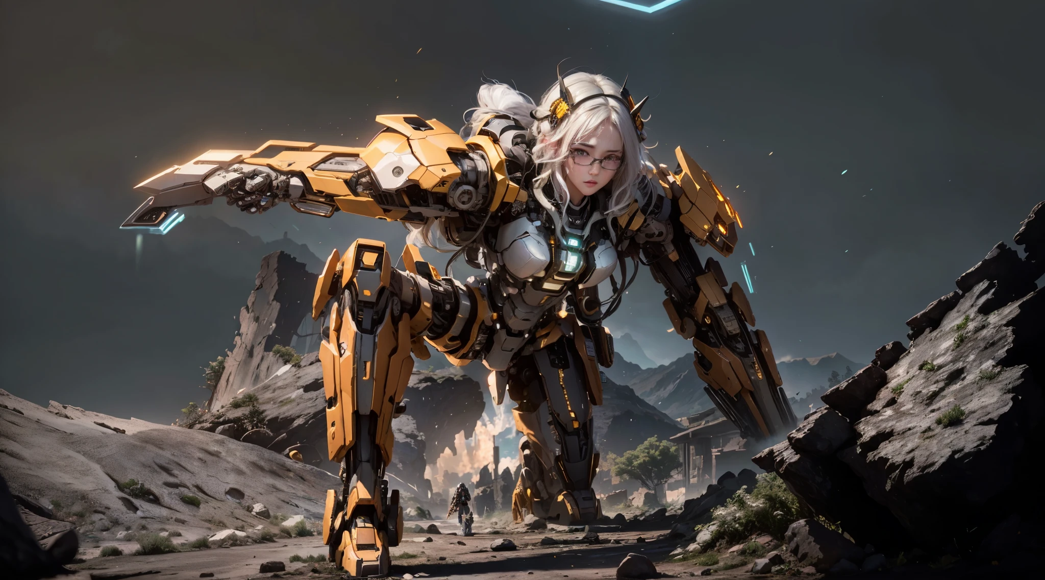 ((Best Quality)), ((Masterpiece)), (Very Detailed:1.3), 3D, Shitu-mecha, Beautiful cyberpunk woman with her pink mech in the ruins of a city in the forgotten war, Ancient technology, HDR (High Dynamic Range), ray tracing, NVIDIA RTX, super resolution, unreal 5, subsurface scattering, PBR texture, post-processing, anisotropic filtering, depth of field, maximum sharpness and sharpness, multi-layer texture, albedo and highlight maps, surface shading, Accurate simulation of light-material interactions, perfect proportions, octane rendering, duotone lighting, low ISO, white balance, rule of thirds, wide aperture, 8K RAW, efficient sub-pixels, subpixel convolution, luminescent particles, light scattering, Tyndall effect, wearing black glasses, right hand holding energy sword,long white hair with white head band, green eyes, hand holding sword