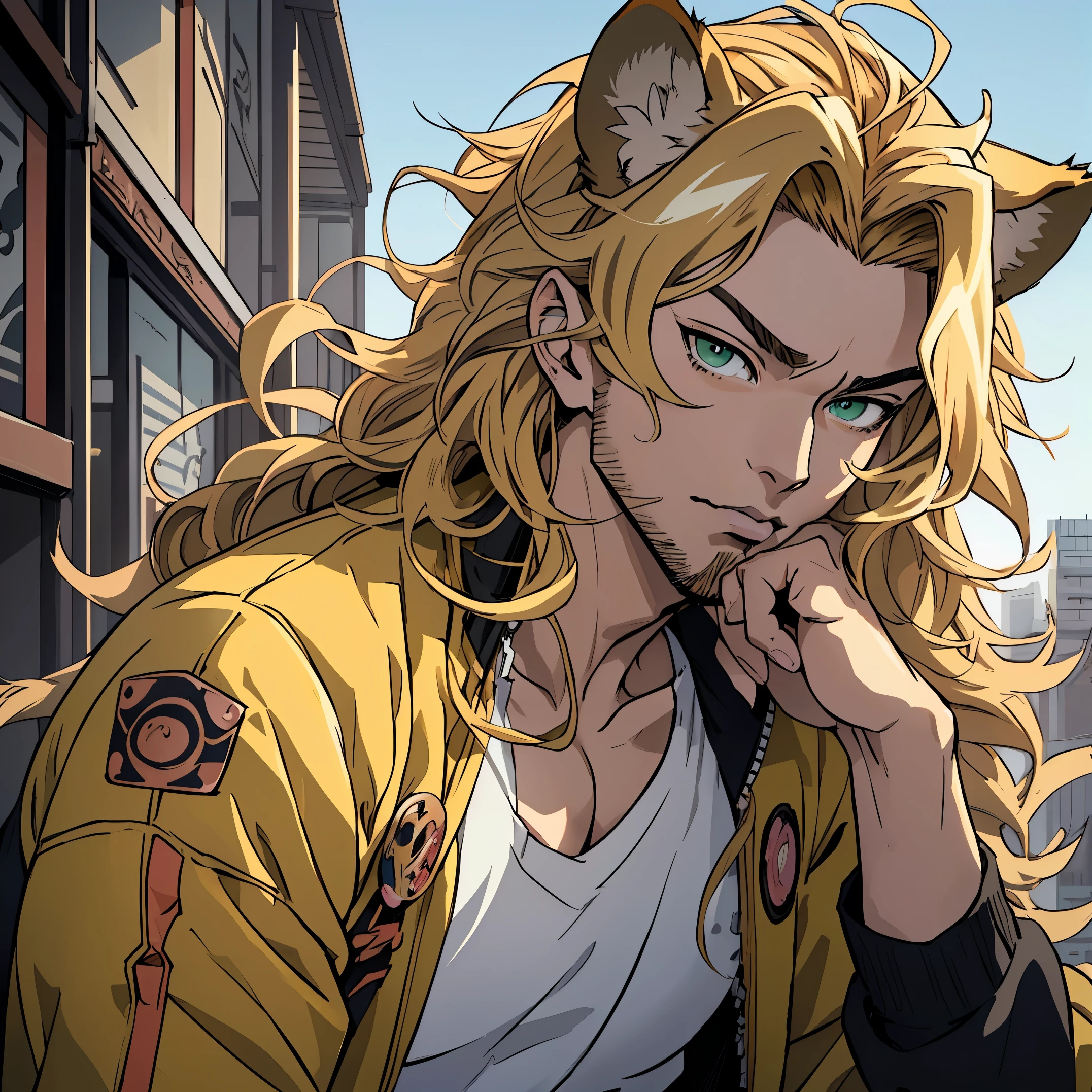 ((Hirohiko Araki style)), One male, lion ears, long hair, blond, blond hair, green eyes, tall, muscular, bomber jacket, beautiful face, ((highest quality)), ((masterpiece)), 2d, ((anime)), (perfect face), ((highest detail)), feline eyes, stubble, lion tail, wavy hair, cowboy shot, intricate details, (city background), ((solo)),