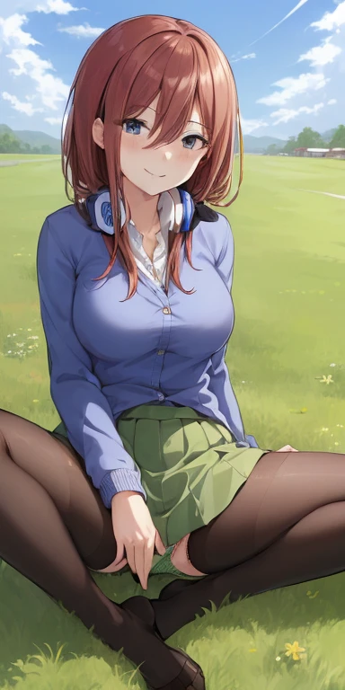 2d, masterpiece, best quality, anime, highly detailed, 1girl, solo, cowboy shot, nakano miku, brown hair, hair between eyes, blue cardigan, headphones, pantyhose, collared shirt, green skirt, miniskirt, medium breasts, ((sitting on grass:1.5)), ((spread legs)), ((show panties)), school, outdoors, smile, ((sky from bellow:1.5)), ((full shot:1.5))