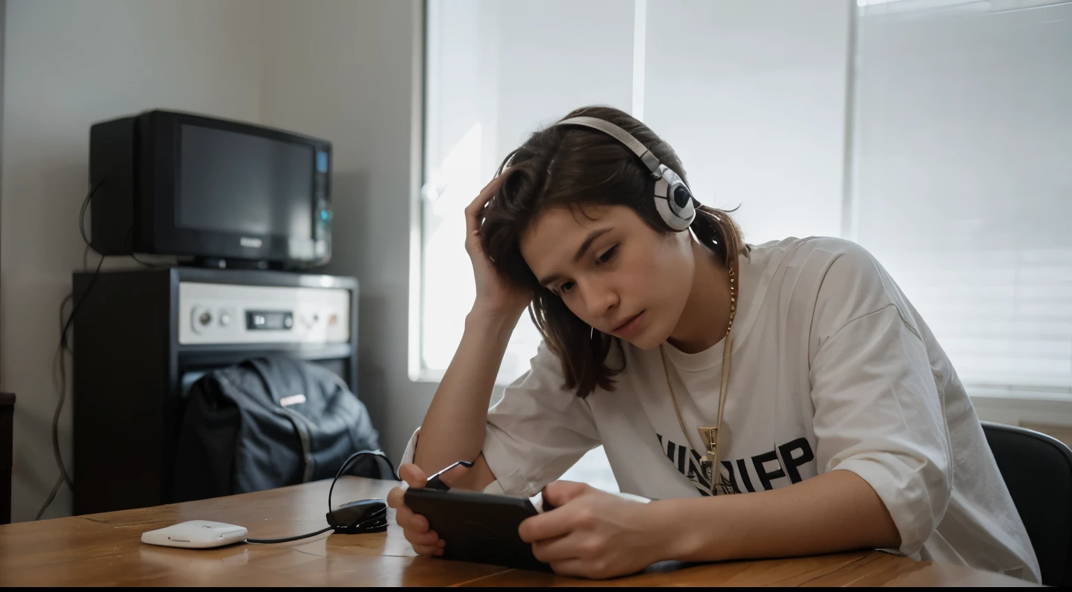 Um garoto de  estudando e escutando musuca com um fone de ouvido ou headset gamer em sua garagem ou quarto, with a black Lamborghini in the background as if he was making a plan to get ahead and buy it, estilo anime Lo-Fi. Um Garoto pardo com cabelos caheados/semi-ondulado com um moleton preto e um fone de ouvido vermelho e amarelo ou branco mesmo.