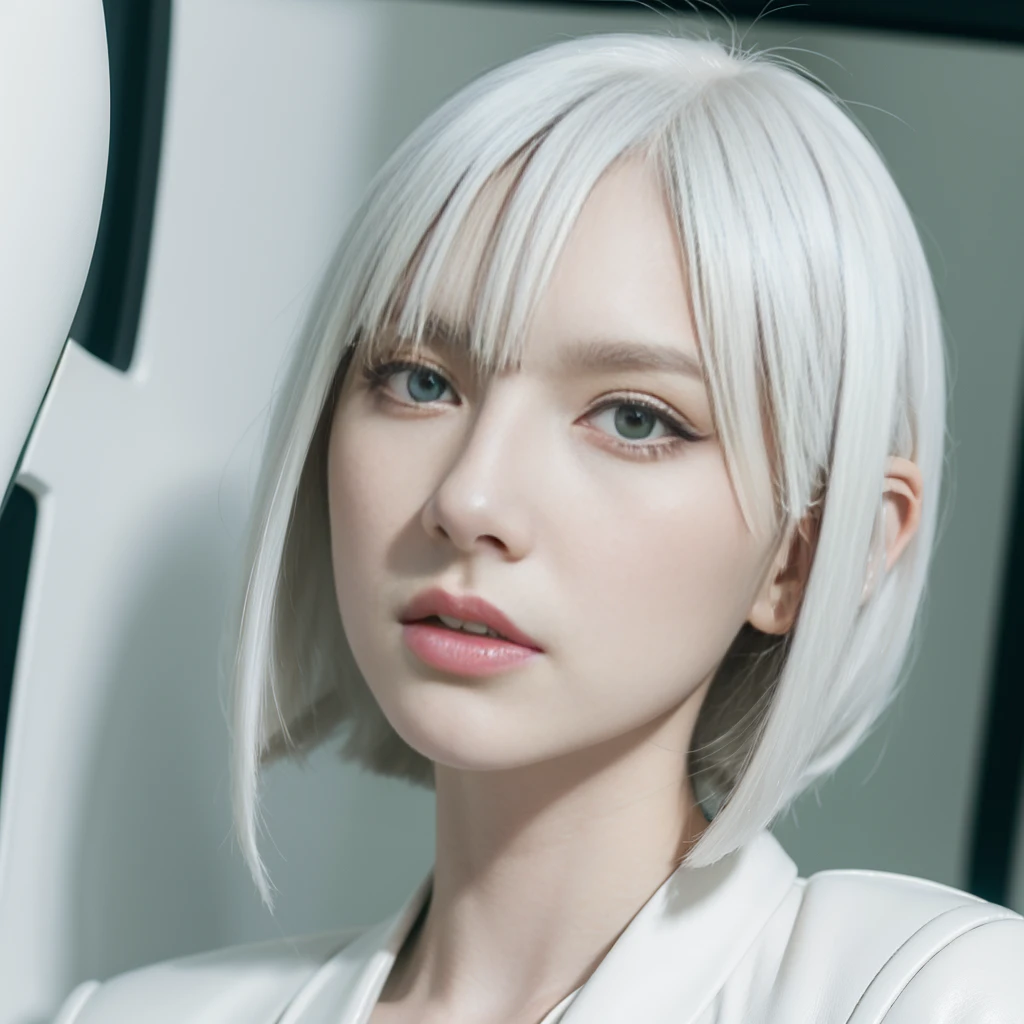 (best quality,portrait:1.2),pale skin,long black-rooted white hair,elongated bob hairstyle,green eyes,pale thin lips,white t-shirt,black leather jacket,eyeliner,portrait