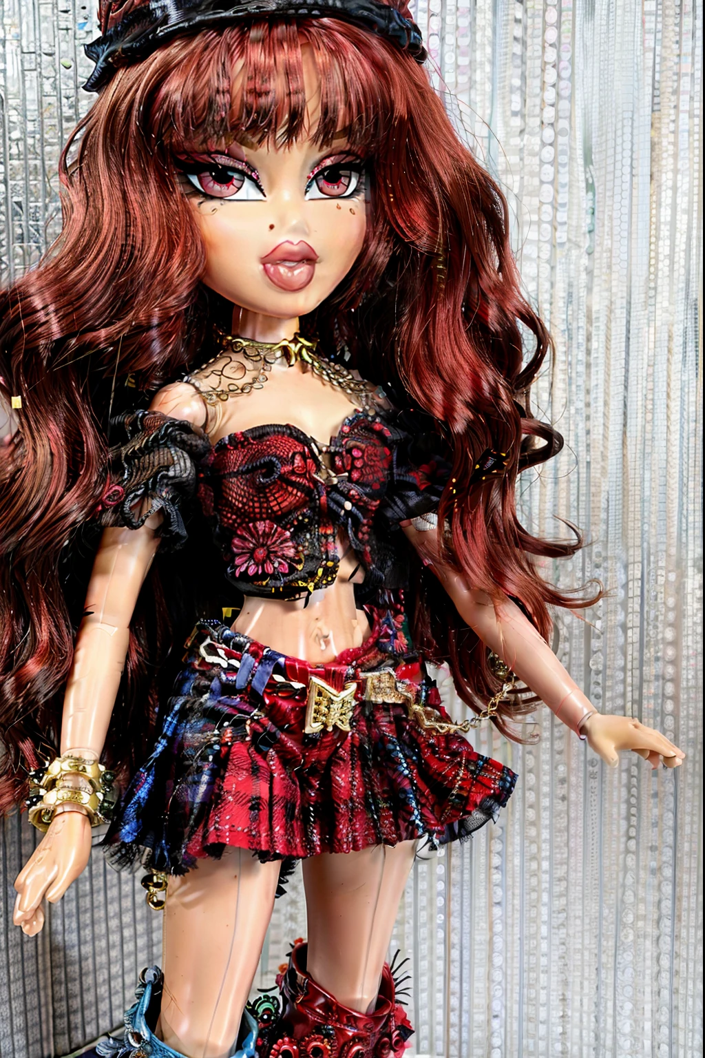 Bratz girl with detailed eyes and big lips and red curly rococo hair, wearing versace colorful flowers dress, full body , plastic skin , doll joints , ,(masterpiece, top quality, best quality, beautiful and aesthetic:1.2), hecatia lapislazuli, doll, revealing clothes, 1girl, solo, breasts, curvy, wide hips, narrow waist, joints, doll joints, cleavage, bursting breasts, huge breasts, lips, 1girl,polos crown,red hair,short hair,red eyes,chain,collar,off shoulder shirt,clothes writing,belt,multicolored skirt,plaid skirt,miniskirt, midriff, full body, high heels, thighhighs, long legs,