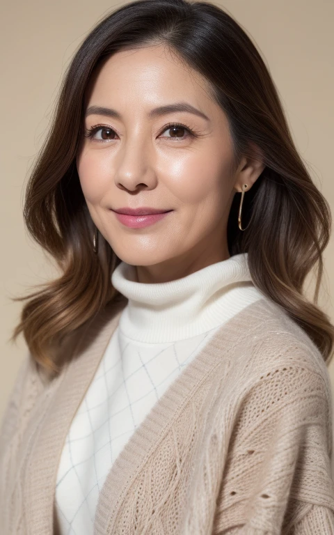 Best Quality, hight resolution, Hires, Skin definition, Detailed skin, Detailed eyes, Detailed face, 4K, 日本人A MILF, ((独奏)), (((50 years old))), (Wrinkles at the corners of the eyes:1.6), (nasolabial folds:1.3), A MILF, glamor, A sexy, Chromo-white skin, ((Wavy Longhair)), Looking at Viewer,(((my skin is old))), ((muscles are old)), (((A slender))), ((Saggy udder)), (Saggy buttocks), ((Japanese Models)), 4K, (photoRealistic:1.5), Realistic, nffsw, Beautiful, Bimbo, Perfect makeup, small diamond necklace, piercings, ((Brown coat, White turtleneck sweater, Argyle pattern pleated skirt, Black long boots )), ssmile, Public places,