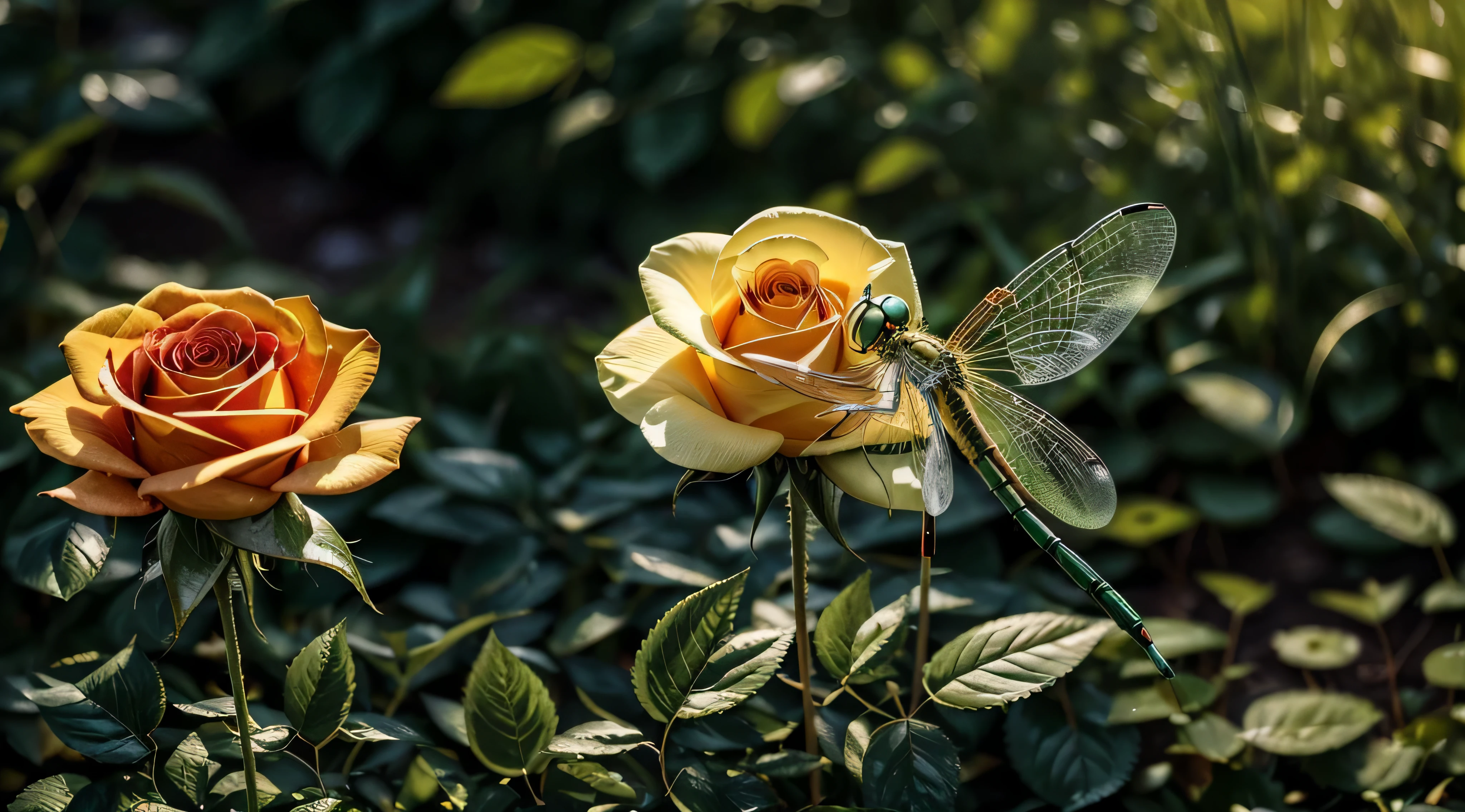 beautiful light green grass , sun rays falling on the grass, and above the grass a large orange rose sparkled with magical sparks, lose petals in the wind,The bright sun is shining, dragonfly sitting on a rose, in good focus,High texture detail,hyperrealistic picture,8K,f/45mm