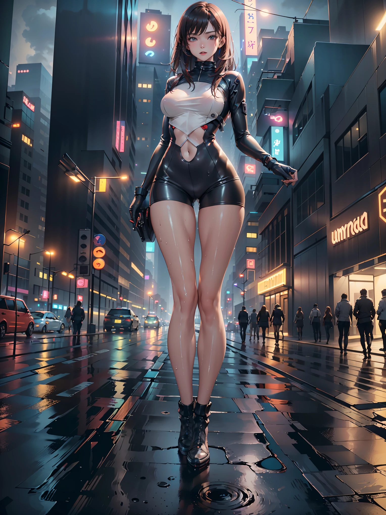 (8K, Raw photography, Best Quality, masutepiece: 1.2), high-definition RAW color photography, Professional photography, Cinematic Light, (top-quality, ​masterpiece:1.2), ultra-detailliert, (reallistic, フォトreallistic, フォトreallistic:1.37), ((((Cyberpunk cityscape, You can see the night view:1.1, building observation deck)))), neonrgbstyle, city light, neon signs, Attractive woman:1.9, purple cyber suit, landscape selfie, futuristic vibe, Reflective surfaces, glowing colors, high tech visuals, vibrant nightlife, Futuristic architectural techniques, sophisticated technology, Fast-paced energy, Dynamic angles, Urban living, industrial atmosphere, shadows and highlights, (intense contrast), mystic atmosphere, ((dark and moody, Moonlit sky, Wet roads)), bustle, sharp reflexes, Energy-efficient buildings, fashionable futuristic costume, exploring the city, infinite possibilities, neonrgbstyle,