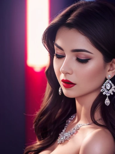 Lebanese lady, diamond dangling earrings, necklace, bracelets, small breasts, red lips, smokey eyes, red long satin slit dress, sad, hot, off shoulder, sleeveless, red cheeks, blush, side swept hair style, cleavages, radiant skin, dark party with neon lights, shy, embarrassed, 40 years old, eyes closed, moaning,