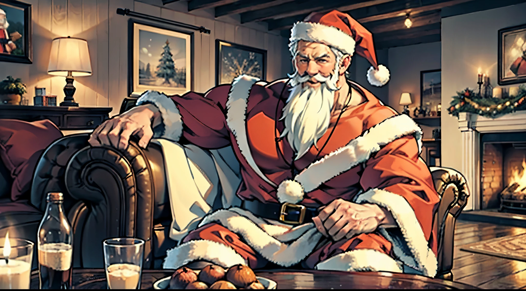 Masterpiece:1.4, perfect quality, extremely detailed, cozy atmosphere, wooden house, couch, Christmas decorations, holiday spirit 32k, 1male,picture of ( santa Claus,old man ,big white bear, muscular body shape, red Christmas costume, black boots, happy face), sitting on the white linean couch next to Christmas tree and drinkg cola from the bottle, coffee table in front of the couch