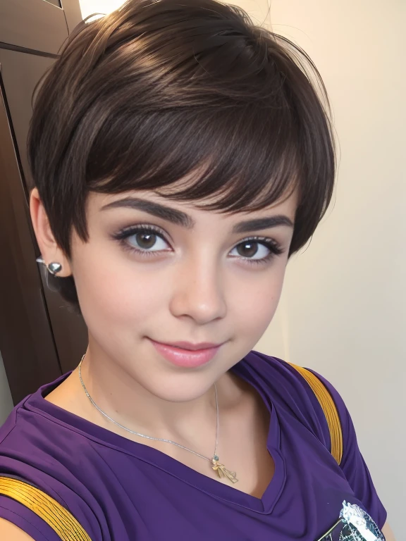 Photo of a 15-year-old European girl, RAW, beautiful woman, pecas en mejillas y nariz ,ojos azules(Light brown hair pixie haircut),corte de cabello pixie ((retrato)), ((Cara detallada:1.2)), ((Detailed facial features)), (Piel finamente detallada) ,lindo maquillaje, Purple eyeshadows on eyelids (cool color), (Masutepiece) (proporciones perfectaotos realistas)(La mejor calidad), NffSW, (8k) (papel tapiz) (cinematic lighting) (Dramatic lighting) (foco nítido) (Enrevesado) , fondo variado , linda sonrisa, cuerpo completo, hermoso cuerpo ,  gargantilla negra , aretes en forma de clip, wears a purple t-shirt with a skull image, white belt, Lilac skirt with checkered images, Long boots with heels , pecas en mejillas , ojos azules,foto de cuerpo completo , hermosa sonrisa  , posando para foto de cuerpo completo