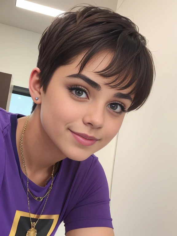 Photo of a 15-year-old European girl, RAW, beautiful woman, pecas en mejillas y nariz ,ojos azules(Light brown hair pixie haircut),corte de cabello pixie ((retrato)), ((Cara detallada:1.2)), ((Detailed facial features)), (Piel finamente detallada) ,lindo maquillaje, Purple eyeshadows on eyelids (cool color), (Masutepiece) (proporciones perfectaotos realistas)(La mejor calidad), NffSW, (8k) (papel tapiz) (cinematic lighting) (Dramatic lighting) (foco nítido) (Enrevesado) , fondo variado , linda sonrisa, cuerpo completo, hermoso cuerpo , gargantilla negra , aretes en forma de clip, wears a purple t-shirt with a skull image, white belt, Lilac skirt with checkered images, Long boots with heels , pecas en mejillas , ojos azules,foto de cuerpo completo , hermosa sonrisa , posando para foto de cuerpo completo