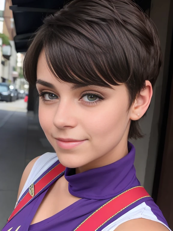 Photo of a 15-year-old European girl, RAW, beautiful woman, pecas en mejillas y nariz ,ojos azules(Light brown hair pixie haircut),corte de cabello pixie ((retrato)), ((Cara detallada:1.2)), ((Detailed facial features)), (Piel finamente detallada) ,lindo maquillaje, Purple eyeshadows on eyelids (cool color), (Masutepiece) (proporciones perfectaotos realistas)(La mejor calidad), NffSW, (8k) (papel tapiz) (cinematic lighting) (Dramatic lighting) (foco nítido) (Enrevesado) , fondo variado , linda sonrisa, cuerpo completo, hermoso cuerpo ,  gargantilla negra , aretes en forma de clip, wears a purple t-shirt with a skull image, white belt, Lilac skirt with checkered images, Long boots with heels , pecas en mejillas , ojos azules,foto de cuerpo completo , hermosa sonrisa  , posando para foto de cuerpo completo