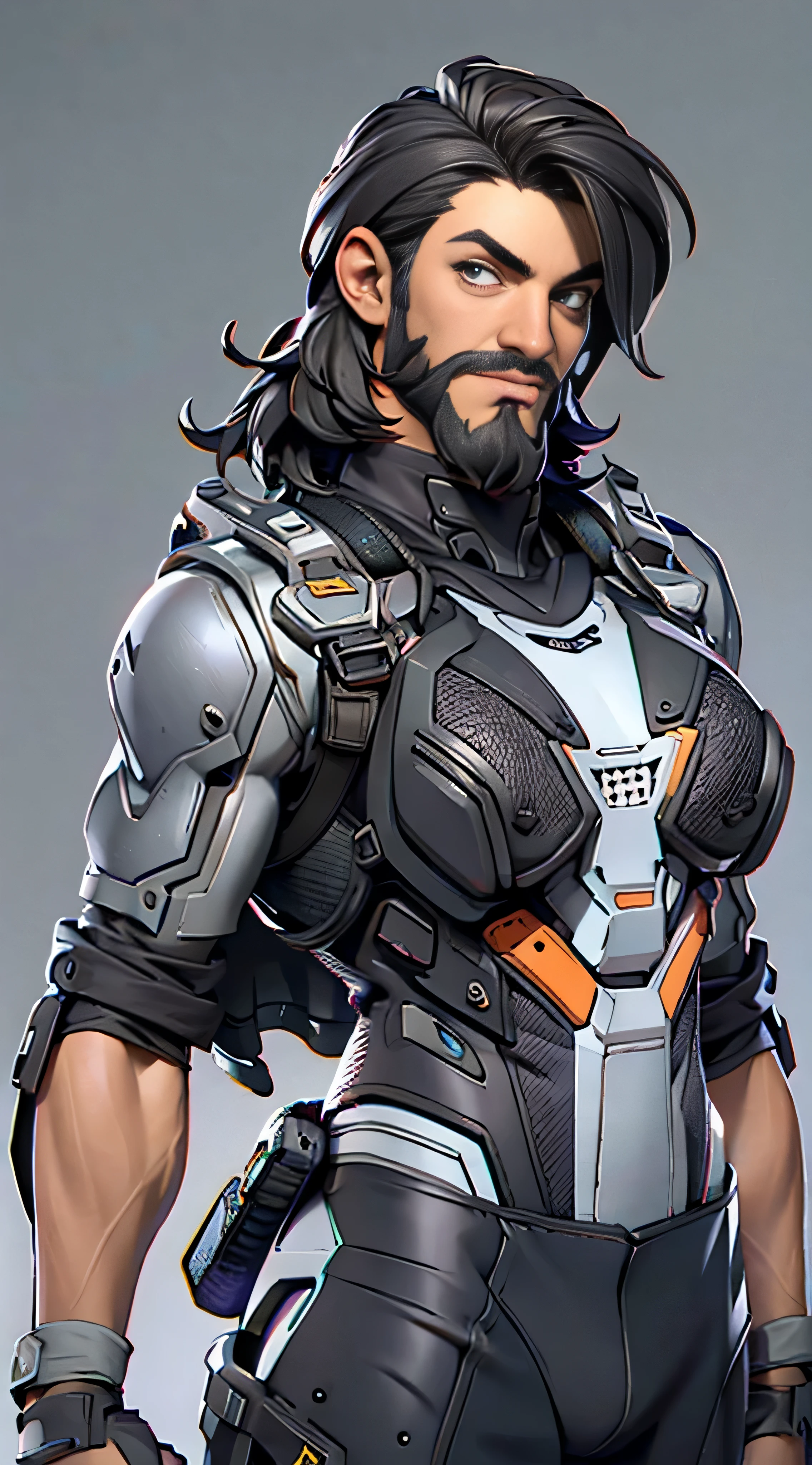 11:23(((Best quality: 1.4))),(Unbeatable masterpiece), (hyper HD),(Hyper-realistic 8k CG)、(Pictures from head to thighs),(Accurate structure)(dark colored hair)(Shoulders and arms equipped with technical equipment))), (((1 uncle,Grow a beard))),40-year-old American soldier has perfect figure,,delicated face,heavy muscular figure:1.2,Solid royal gray jacket with details, (Pictures from head to thighs), Complex equipment, Dark purple coat,long trousers,The clothes inside are dark,Clothes with metal technical parts,Tech Armor )